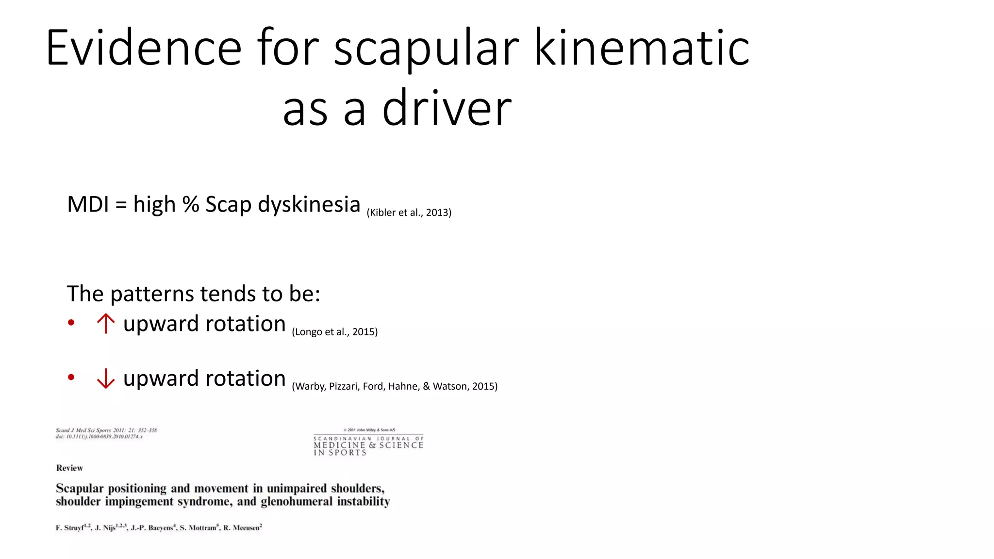 Evidence for scapular kinematic
as a driver
MDI = high % Scap dyskinesia (Kibler et al., 2013)
The patterns tends to be:
• ↑ upward rotation (Longo et al., 2015)
• ↓ upward rotation (Warby, Pizzari, Ford, Hahne, & Watson, 2015)
 