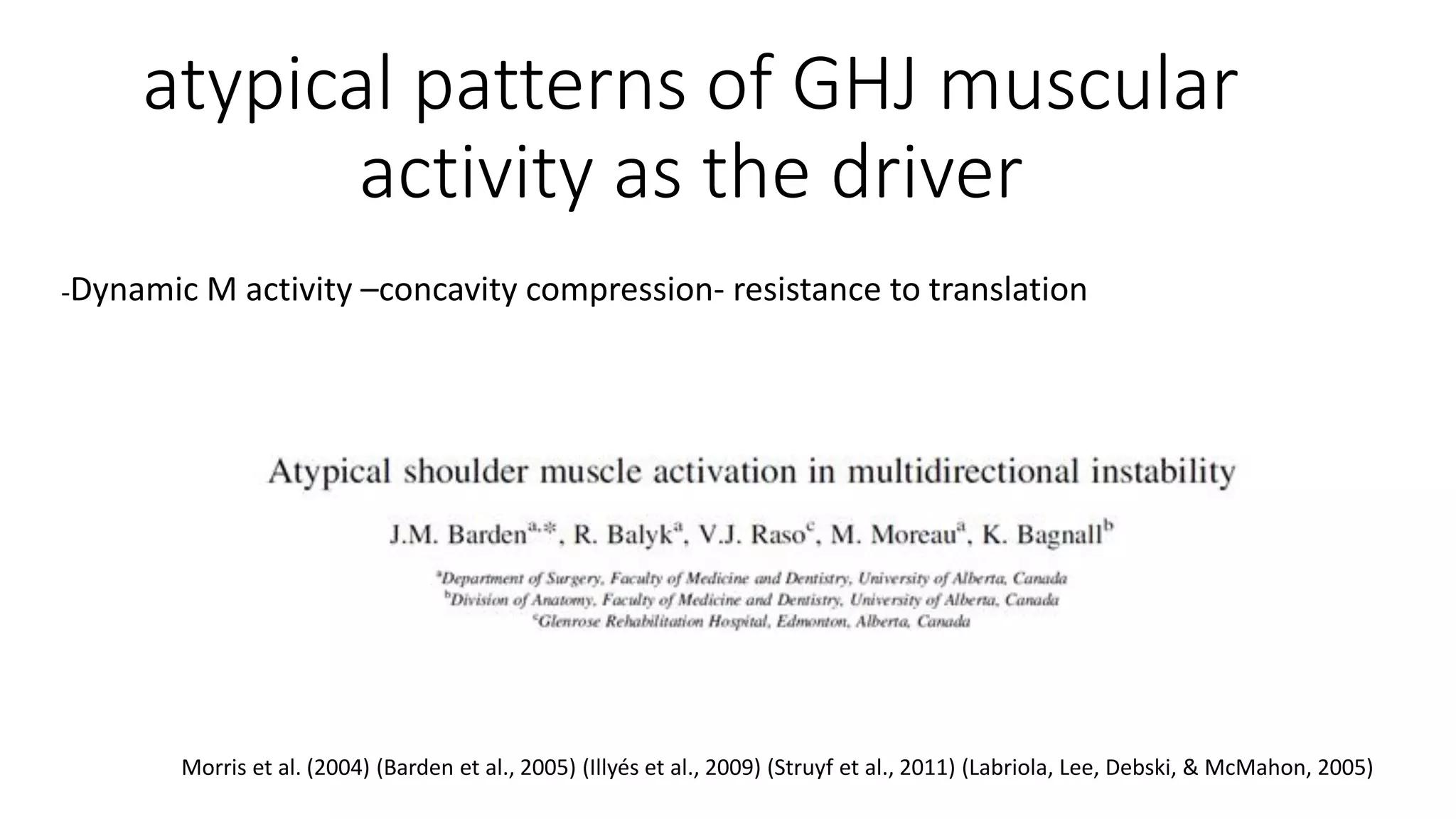 atypical patterns of GHJ muscular
activity as the driver
Morris et al. (2004) (Barden et al., 2005) (Illyés et al., 2009) (Struyf et al., 2011) (Labriola, Lee, Debski, & McMahon, 2005)
-Dynamic M activity –concavity compression- resistance to translation
 