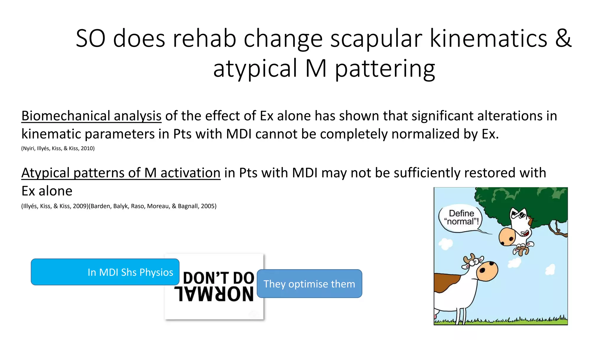 SO does rehab change scapular kinematics &
atypical M pattering
Biomechanical analysis of the effect of Ex alone has shown that significant alterations in
kinematic parameters in Pts with MDI cannot be completely normalized by Ex.
(Nyiri, Illyés, Kiss, & Kiss, 2010)
Atypical patterns of M activation in Pts with MDI may not be sufficiently restored with
Ex alone
(Illyés, Kiss, & Kiss, 2009)(Barden, Balyk, Raso, Moreau, & Bagnall, 2005)
In MDI Shs Physios
They optimise them
 