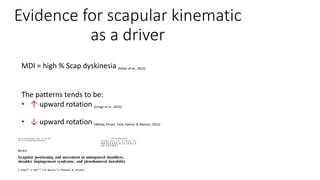 Evidence for scapular kinematic
as a driver
MDI = high % Scap dyskinesia (Kibler et al., 2013)
The patterns tends to be:
• ↑ upward rotation (Longo et al., 2015)
• ↓ upward rotation (Warby, Pizzari, Ford, Hahne, & Watson, 2015)
 