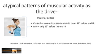 atypical patterns of muscular activity as
the driver
Morris et al. (2004) (Barden et al., 2005) (Illyés et al., 2009) (Struyf et al., 2011) (Labriola, Lee, Debski, & McMahon, 2005)
Posterior Deltoid
• Controls = eccentric posterior deltoid onset 46° before end IR
• MDI = only 12° before the end IR
 