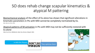 SO does rehab change scapular kinematics &
atypical M pattering
Biomechanical analysis of the effect of Ex alone has shown that significant alterations in
kinematic parameters in Pts with MDI cannot be completely normalized by Ex.
(Nyiri, Illyés, Kiss, & Kiss, 2010)
Atypical patterns of M activation in Pts with MDI may not be sufficiently restored with
Ex alone
(Illyés, Kiss, & Kiss, 2009)(Barden, Balyk, Raso, Moreau, & Bagnall, 2005)
In MDI Shs Physios
They optimise them
 