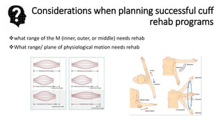 Considerations when planning successful cuff
rehab programs
what range of the M (inner, outer, or middle) needs rehab
What range/ plane of physiological motion needs rehab
 
