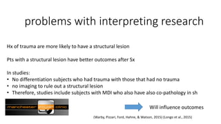 problems with interpreting research
Hx of trauma are more likely to have a structural lesion
Pts with a structural lesion have better outcomes after Sx
In studies:
• No differentiation subjects who had trauma with those that had no trauma
• no imaging to rule out a structural lesion
• Therefore, studies include subjects with MDI who also have also co-pathology in sh
(Warby, Pizzari, Ford, Hahne, & Watson, 2015) (Longo et al., 2015)
Will influence outcomes
 