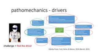 pathomechanics - drivers
challenge = find the driver
(Warby, Pizzari, Ford, Hahne, & Watson, 2014) (Barrett, 2015)
non-traumatic
sh instability
(MDI)
secondarypsychological
emotional &cognitive factors
anatomical or neural defects
acquiredor genetic
redundantanteriorcapsule
bonyand capsulolabral anatomy
mechanosensitivity
neural tissue
Motor development
poor muscle tone
poor sensoryintegration
Hyperlaxity
generalisedor
congenital syndromes
Pain
peripheral (somatic)
central sensitisation(neuropathic)
changesinsensoryandmotor cortical representation
Movementdysfunction
neuromuscularcontrol
scapulakinematics
atypical patternsof muscularactivation
Proprioceptionloss
microtrauma
 