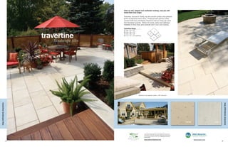 Tiles so rich, elegant and authentic looking, only you will
                                 know their true origin.

                                 Travertine, sourced in Turkey, has the smooth surface and authentic
                                 pores of expensive hewn stone. Produced with premium white
                                 cement, both Ivory and Kasota Travertine look as if they just came
                                 from European quarries. Perfect for pools, patios and walkways.
                                 Available in three sizes, plus bullnose and in two color choices.

                                 Travertine Sizes:
                                 A) 18 x 12 x 1.5"
                                 B) 18 x 18 x 1.5"                                       C

                                 C) 24 x 18 x 1.5"                              A
                                 D) 14 x 14 x 1.5" bullnose                                       D

                                                                                        B




                                                       Travertine’s auto spacers create a 1/8" wide joint.




                                                                                                                                                                            travertine landscape tiles
travertine landscape tiles




                                                                                                                                     Kasota                     Ivory




                                                                  concrete for lasting appearance and durability. As with any con-
                                                                 crete product, colors can vary widely in production. Photos shown
                                                                 are close representatives of each color. Always select color from
                                                                 actual samples.

                                                                 www.silvercreeksw.com                                                        www.macpinc.com
                             8                                                                                                                                          9
 