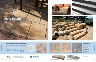 Create a prestigious center point in your landscape design.                                                                                                                                  CHISELED STEPS

                         Our convenient Slate Octant kit can be built as an elegant feature                                                                                                                           Complete your landscape
slate octant kits




                                                                                                                                                                                                                                                       chiseled steps
                         or as a center piece for any patio or walkway design. Available in                                                                                                                           with the classic look of
                         starter and expansion kits and in four color choices.                                                                                                                                        heavy, hand-cut, natural
                                                                                                                                                                                                                      limestone steps.

                         Slate Octant Kit:      Expansion Kit:                           Octant Colors:                                                                                                               Chiseled Step Size:
                         25 Tiles               25 Tiles (outer ring)                    • Bluestone                                                                                                                  18 D x 48 W x 6" H
                         - 90" x 90" overall    - 126" x 126" overall                    • Iron Mountain
                                                                                         • Western Buff                              Chilton                 Iron Mountain     Western Buff               Bluestone   Also available in Ivory
                                                                                         • Chilton                                                                                                                    (not shown).




                                                concrete for lasting appearance and durability. As with any con-                                                                                                      Chiseled four sides,
                                               crete product, colors can vary widely in production. Photos shown                                                                                                      textured top (not shown).
                                               are close representatives of each color. Always select color from
                                               actual samples.

                                               www.silvercreeksw.com                                               www.macpinc.com
                    12                                                                                                                         Chiseled one side,smooth top.      Chiseled three sides,
                                                                                                                                                                                  textured top.
                                                                                                                                                                                                                                                  13
 