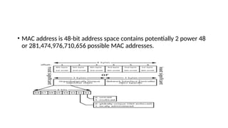 • MAC address is 48-bit address space contains potentially 2 power 48
or 281,474,976,710,656 possible MAC addresses.
 