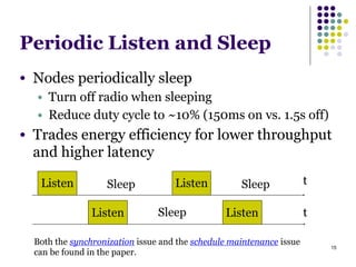 15
Periodic Listen and Sleep
● Nodes periodically sleep
● Turn off radio when sleeping
● Reduce duty cycle to ~10% (150ms on vs. 1.5s off)
● Trades energy efficiency for lower throughput
and higher latency
Listen Sleep tSleepListen
Listen Sleep Listen t
Both the synchronization issue and the schedule maintenance issue
can be found in the paper.
 