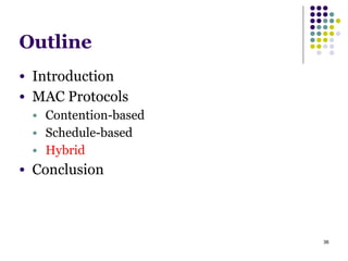 36
Outline
● Introduction
● MAC Protocols
● Contention-based
● Schedule-based
● Hybrid
● Conclusion
 