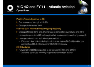 MIC 4Q and FY 11 - Atlantic Aviation
           FY’11
Operations


Positive Trends Continue in 4Q
                              16.9%
  Fuel revenue up strongly at 16 9%
  Gross profit increases 5.0%
Full Year 2011 Results Reflect Ongoing Recovery
                                 g g          y
  Gross profit rises 3.5% on 5.5% increase in same store GA volume and 2.5%
  increase in same store GA fuel margin offset by decrease in non-fuel gross profit
  Leverage ratio reduced to 5.98x at year end 2011
  – Exits cash flow lock-up during fourth quarter, makes $6.5 million debt pre-
     payment and $6.5 million payment to MIC in February
2012 Guidance
  Full year 2012 EBITDA expected to be between $130m and $140m
  – A Assumes continued recovery iin generall aviation fli ht activity
                   ti d                         i ti flight ti it




                                                                                      12
 