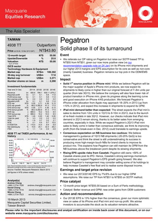 TAIWAN
                                                                                Pegatron
 4938 TT                                          Outperform
 Price (at 05:46, 19 Mar 2013 GMT)                 NT$43.80                     Solid phase II of its turnaround
 12-month target                                     NT$                55.00   Event
 Upside/Downside                                      %                  25.6    We reiterate our OP rating on Pegatron but raise our SOTP-based TP to
 Valuation                                           NT$                55.00     NT$55 from NT$51, given our now more positive view (vs our
  - Sum of Parts
 GICS sector                                                                      recommendation upgrade note on 24 Jan) on its iPhone mini shipments and
 Technology Hardware & Equipment                                                  our higher 2013 margins and EPS assumption for its core as well as non-core
 Market cap             NT$m   100,302                                            (mainly Casetek) business. Pegatron remains our top pick in the ODM/EMS
 30-day avg turnover    US$m      17.6                                            space.
 Market cap             US$m     3,371
 Number shares on issue    m     2,290
                                                                                Impact
                                                                                 Solid 1st source position in iPhone mini: While we believe Pegatron will be
 Investment fundamentals                                                          the major supplier of Apple’s iPhone mini products, we now expect its
 Year end 31 Dec                      2011A 2012E 2013E 2014E                     shipments to likely come in higher than our original forecast of 7–8m units per
 Revenue                       bn      500.6 768.1            930.1 1,075.2       quarter (from late 3Q13). We believe the company will also face lower risk of
 Reported profit               bn        0.1     6.1            9.8    11.6
 Profit bonus exp              bn        0.1     6.1            9.8    11.6       product transition in iPhone mini, given its progress along the learning curve
 Bon exp/rep profit            %         0.0     0.0            0.0     0.0       and good execution on iPhone 4/4S production. We forecast Pegatron’s
 Adjusted profit               bn        0.1     6.1            9.8    11.6
 EPS rep                      NT$       0.05    2.71           4.36    5.13       iPhone order allocation from Apple may approach 18–20% in 2013 (up from
 EPS rep growth                %       -98.2 5,392.9           61.3    17.5       <10% in 2012), and expect this increase in shipments to expand its OPM.
 EPS bonus exp                NT$       0.05    2.71           4.36    5.13
 EPS bonus growth              %       -98.2 5,392.9           61.3    17.5      iPad mini demand better than expected: The street expects the iPad mini’s
 PER rep                        x      889.4    16.2           10.0     8.5
 PER bonus exp                  x      889.4    16.2           10.0     8.5       sales to decline from 12m units in 1Q13 to 8-10m in 2Q13, due to the launch
 Total DPS                    NT$       1.45    0.00           1.42    0.00       of re-fresh models in late 3Q12. However, our checks indicate that iPad mini
 Total div yield               %         3.3     0.0            3.2     0.0
 ROA                           %        -1.9     0.7            2.0     2.7       demand in 2Q13 remain strong, thanks to its better sales from emerging
 ROE                           %         0.1     6.5            9.7    10.5       countries, especially in Asia. While we expect Pegatron’s 2Q13 iPad mini
 EV/EBITDA                      x      115.5    14.4            8.9     6.9
 Net debt/equity               %        10.9    25.1           32.4    29.2       sales to likely come in better than consensus estimate, we think its improving
 P/BV                           x        1.1     1.0            0.9     0.9       profit (from the break-even in Dec. 2012) could translate to earnings upside.
 4938 TT rel TAIEX performance, & rec                                            Consensus expectation on NB business too cautious: We believe
 history                                                                          management’s guidance of 1Q13 NB shipments (-20-25% QoQ) is too
                                                                                  conservative and think the street is still underestimating its success in
                                                                                  producing more high-margin touch NBs for brand clients to improve its
                                                                                  product mix. This explains how Pegatron can still maintain its OPM from the
                                                                                  NB business above the breakeven point despite its slowing shipments.
                                                                                 Rising EPS upside risks from Casetek: Pegatron still owns ~69% of
                                                                                  Casetek shares post its IPO. Hence, Casetek’s strong earnings momentum
                                                                                  will continue to support Pegatron’s EPS growth going forward. We also
                                                                                  believe Pegatron’s management may consider selling some of its holdings to
 Note: Recommendation timeline - if not a continuous line, then there was no      help increase Casetek’s free float and to realise some disposal income.
 Macquarie coverage at the time or there was an embargo period.
 Source: FactSet, Macquarie Research, March 2013                                Earnings and target price revision
 (all figures in NT$ unless noted)
                                                                                 We raise our 2013/2014E EPS by 7%/9% due to our higher OPM
                                                                                  assumptions. We raise our TP from NT$51 to NT$55 on SOTP method.
 Analyst(s)                                                                     Price catalyst
 Andrew Chang
 +886 2 2734 7526                 andrew.chang@macquarie.com                     12-month price target: NT$55.00 based on a Sum of Parts methodology.
 Daniel Chang
 +886 2 2734 7516                   daniel.chang@macquarie.com                   Catalyst: Better revenue and OPM; new order gains from OEM customers
 Winnie Cheng
 +886 2 2734 7523                   winnie.cheng@macquarie.com                  Action and recommendation
                                                                                 Our 2013E EPS is 13% higher than the consensus, given our more optimistic
 19 March 2013
 Macquarie Capital Securities Limited,                                            view on sales of its iPhone and iPad mini and non-op profit. We advise
 Taiwan Branch                                                                    investors to accumulate the stock as its valuation remains attractive.

Please refer to the important disclosures and analyst certification on inside back cover of this document, or on our
website www.macquarie.com/disclosures.
 