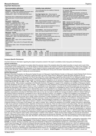 Macquarie Research                                                                                                                                                 Pegatron
Important disclosures:
 Recommendation definitions                                  Volatility index definition*                            Financial definitions
 Macquarie - Australia/New Zealand                           This is calculated from the volatility of historical    All "Adjusted" data items have had the following
 Outperform – return >3% in excess of benchmark return       price movements.                                        adjustments made:
 Neutral – return within 3% of benchmark return                                                                      Added back: goodwill amortisation, provision for
 Underperform – return >3% below benchmark return            Very high–highest risk – Stock should be                catastrophe reserves, IFRS derivatives & hedging,
                                                             expected to move up or down 60–100% in a year           IFRS impairments & IFRS interest expense
 Benchmark return is determined by long term nominal         – investors should be aware this stock is highly        Excluded: non recurring items, asset revals, property
 GDP growth plus 12 month forward market dividend            speculative.                                            revals, appraisal value uplift, preference dividends &
 yield                                                                                                               minority interests
 Macquarie – Asia/Europe                                     High – stock should be expected to move up or
 Outperform – expected return >+10%                          down at least 40–60% in a year – investors should       EPS = adjusted net profit / efpowa*
 Neutral – expected return from -10% to +10%                 be aware this stock could be speculative.               ROA = adjusted ebit / average total assets
 Underperform – expected return <-10%                                                                                ROA Banks/Insurance = adjusted net profit /average
                                                             Medium – stock should be expected to move up            total assets
 Macquarie First South - South Africa                        or down at least 30–40% in a year.                      ROE = adjusted net profit / average shareholders funds
 Outperform – expected return >+10%                                                                                  Gross cashflow = adjusted net profit + depreciation
 Neutral – expected return from -10% to +10%                 Low–medium – stock should be expected to                *equivalent fully paid ordinary weighted average
 Underperform – expected return <-10%                        move up or down at least 25–30% in a year.              number of shares
 Macquarie - Canada
 Outperform – return >5% in excess of benchmark return       Low – stock should be expected to move up or            All Reported numbers for Australian/NZ listed stocks
 Neutral – return within 5% of benchmark return              down at least 15–25% in a year.                         are modelled under IFRS (International Financial
 Underperform – return >5% below benchmark return            * Applicable to Australian/NZ/Canada stocks only        Reporting Standards).
 Macquarie - USA                                             Recommendations – 12 months
 Outperform (Buy) – return >5% in excess of Russell          Note: Quant recommendations may differ from
 3000 index return                                           Fundamental Analyst recommendations
 Neutral (Hold) – return within 5% of Russell 3000 index
 return
 Underperform (Sell)– return >5% below Russell 3000
 index return


 Recommendation proportions – For quarter ending 31 December 2012
                      AU/NZ         Asia      RSA            USA        CA          EUR
 Outperform           47.87%      54.89%     54.41%        41.93%    60.86%       44.14% (for US coverage by MCUSA, 6.10% of stocks followed are investment banking clients)
 Neutral              37.94%      26.41%     38.24%        52.16%    33.70%       27.73% (for US coverage by MCUSA, 4.91% of stocks followed are investment banking clients)
 Underperform         14.19%      18.70%     7.35%         5.91%     5.44%        28.13% (for US coverage by MCUSA, 3.33% of stocks followed are investment banking clients)


Company Specific Disclosures:

Important disclosure information regarding the subject companies covered in this report is available at www.macquarie.com/disclosures.
Analyst Certification:
The views expressed in this research accurately reflect the personal views of the analyst(s) about the subject securities or issuers and no part of the
compensation of the analyst(s) was, is, or will be directly or indirectly related to the inclusion of specific recommendations or views in this research. The
analyst principally responsible for the preparation of this research receives compensation based on overall revenues of Macquarie Group Ltd ABN 94
122 169 279 (AFSL No. 318062) (MGL) and its related entities (the Macquarie Group) and has taken reasonable care to achieve and maintain
independence and objectivity in making any recommendations.
General Disclaimers:
Macquarie Securities (Australia) Ltd; Macquarie Capital (Europe) Ltd; Macquarie Capital Markets Canada Ltd; Macquarie Capital Markets North America
Ltd; Macquarie Capital (USA) Inc; Macquarie Capital Securities Ltd and its Taiwan branch; Macquarie Capital Securities (Singapore) Pte Ltd;
Macquarie Securities (NZ) Ltd; Macquarie First South Securities (Pty) Limited; Macquarie Capital Securities (India) Pvt Ltd; Macquarie Capital Securities
(Malaysia) Sdn Bhd; Macquarie Securities Korea Limited and Macquarie Securities (Thailand) Ltd are not authorized deposit-taking institutions for the
purposes of the Banking Act 1959 (Commonwealth of Australia), and their obligations do not represent deposits or other liabilities of Macquarie Bank
Limited ABN 46 008 583 542 (MBL) or MGL. MBL does not guarantee or otherwise provide assurance in respect of the obligations of any of the above
mentioned entities. MGL provides a guarantee to the Monetary Authority of Singapore in respect of the obligations and liabilities of Macquarie Capital
Securities (Singapore) Pte Ltd for up to SGD 35 million. This research has been prepared for the general use of the wholesale clients of the Macquarie
Group and must not be copied, either in whole or in part, or distributed to any other person. If you are not the intended recipient you must not use or
disclose the information in this research in any way. If you received it in error, please tell us immediately by return e-mail and delete the document. We
do not guarantee the integrity of any e-mails or attached files and are not responsible for any changes made to them by any other person. MGL has
established and implemented a conflicts policy at group level (which may be revised and updated from time to time) (the "Conflicts Policy") pursuant to
regulatory requirements (including the FSA Rules) which sets out how we must seek to identify and manage all material conflicts of interest. Nothing in
this research shall be construed as a solicitation to buy or sell any security or product, or to engage in or refrain from engaging in any transaction. In
preparing this research, we did not take into account your investment objectives, financial situation or particular needs. Macquarie salespeople, traders
and other professionals may provide oral or written market commentary or trading strategies to our clients that reflect opinions which are contrary to the
opinions expressed in this research. Macquarie Research produces a variety of research products including, but not limited to, fundamental analysis,
macro-economic analysis, quantitative analysis, and trade ideas. Recommendations contained in one type of research product may differ from
recommendations contained in other types of research, whether as a result of differing time horizons, methodologies, or otherwise. Before making an
investment decision on the basis of this research, you need to consider, with or without the assistance of an adviser, whether the advice is appropriate
in light of your particular investment needs, objectives and financial circumstances. There are risks involved in securities trading. The price of securities
can and does fluctuate, and an individual security may even become valueless. International investors are reminded of the additional risks inherent in
international investments, such as currency fluctuations and international stock market or economic conditions, which may adversely affect the value of
the investment. This research is based on information obtained from sources believed to be reliable but we do not make any representation or warranty
that it is accurate, complete or up to date. We accept no obligation to correct or update the information or opinions in it. Opinions expressed are subject
to change without notice. No member of the Macquarie Group accepts any liability whatsoever for any direct, indirect, consequential or other loss arising
from any use of this research and/or further communication in relation to this research. Clients should contact analysts at, and execute transactions
through, a Macquarie Group entity in their home jurisdiction unless governing law permits otherwise. The date and timestamp for above share price and
market cap is the closed price of the price date. #CLOSE is the final price at which the security is traded in the relevant exchange on the date indicated.
Country-Specific Disclaimers:
Australia: In Australia, research is issued and distributed by Macquarie Securities (Australia) Ltd (AFSL No. 238947), a participating organisation of the
Australian Securities Exchange. New Zealand: In New Zealand, research is issued and distributed by Macquarie Securities (NZ) Ltd, a NZX Firm.
Canada: In Canada, research is prepared, approved and distributed by Macquarie Capital Markets Canada Ltd, a participating organisation of the
Toronto Stock Exchange, TSX Venture Exchange & Montréal Exchange. Macquarie Capital Markets North America Ltd., which is a registered broker-
dealer and member of FINRA, accepts responsibility for the contents of reports issued by Macquarie Capital Markets Canada Ltd in the United States
and sent to US persons. Any person wishing to effect transactions in the securities described in the reports issued by Macquarie Capital Markets
Canada Ltd should do so with Macquarie Capital Markets North America Ltd. The Research Distribution Policy of Macquarie Capital Markets Canada
Ltd is to allow all clients that are entitled to have equal access to our research. United Kingdom: In the United Kingdom, research is issued and

19 March 2013                                                                                                                                                                  4
 