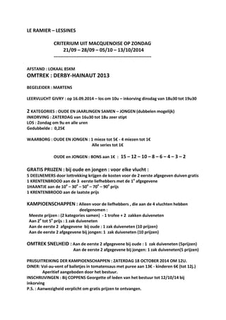 LE RAMIER – LESSINES 
CRITERIUM UIT MACQUENOISE OP ZONDAG 
21/09 – 28/09 – 05/10 – 13/10/2014 
------------------------------------------------------------ 
AFSTAND : LOKAAL 85KM 
OMTREK : DERBY-HAINAUT 2013 
BEGELEIDER : MARTENS 
LEERVLUCHT GIVRY : op 16.09.2014 – los om 10u – inkorving dinsdag van 18u30 tot 19u30 
2 KATEGORIES : OUDE EN JAARLINGEN SAMEN – JONGEN (dubbelen mogelijk) INKORVING : ZATERDAG van 16u30 tot 18u zeer stipt 
LOS : Zondag om 9u en alle uren 
Gedubbelde : 0,25€ 
WAARBORG : OUDE EN JONGEN : 1 mieze tot 5€ - 4 miezen tot 1€ 
Alle series tot 1€ 
OUDE en JONGEN : BONS aan 1€ : 15 – 12 – 10 – 8 – 6 – 4 – 3 – 2 
GRATIS PRIJZEN : bij oude en jongen : voor elke vlucht : 
5 DEELNEMERS door lottrekking krijgen de kosten voor de 2 eerste afgegeven duiven gratis 
1 KRENTENBROOD aan de 3 eerste liefhebbers met de 1e afgegevene 
1HAANTJE aan de 10e – 30e – 50e – 70e – 90e prijs 
1 KRENTENBROOD aan de laatste prijs 
KAMPIOENSCHAPPEN : Alleen voor de liefhebbers , die aan de 4 vluchten hebben 
deelgenomen : 
Meeste prijzen : (2 kategories samen) - 1 trofee + 2 zakken duiveneten 
Aan 2e tot 5e prijs : 1 zak duiveneten 
Aan de eerste 2 afgegevene bij oude : 1 zak duiveneten (10 prijzen) 
Aan de eerste 2 afgegevene bij jongen: 1 zak duiveneten (10 prijzen) 
OMTREK SNELHEID : Aan de eerste 2 afgegevene bij oude : 1 zak duiveneten (5prijzen) 
Aan de eerste 2 afgegevene bij jongen: 1 zak duiveneten(5 prijzen) 
PRIJSUITREIKING DER KAMPIOENSCHAPPEN : ZATERDAG 18 OCTOBER 2014 OM 12U. 
DINER: Vol-au-vent of balletjes in tomatensaus met puree aan 13€ - kinderen 6€ (tot 12j.) 
Aperitief aangeboden door het bestuur. 
INSCHRIJVINGEN : Bij COPPENS Georgette of leden van het bestuur tot 12/10/14 bij inkorving 
P.S. : Aanwezigheid verplicht om gratis prijzen te ontvangen.  