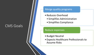 CMS Goals
• Reduces Overhead
• Simplifies Administration
• Simplifies Compliance
Merge quality programs
• Budget Neutral
• Expects Healthcare Professionals to
Assume Risks
Reduce expenses
 