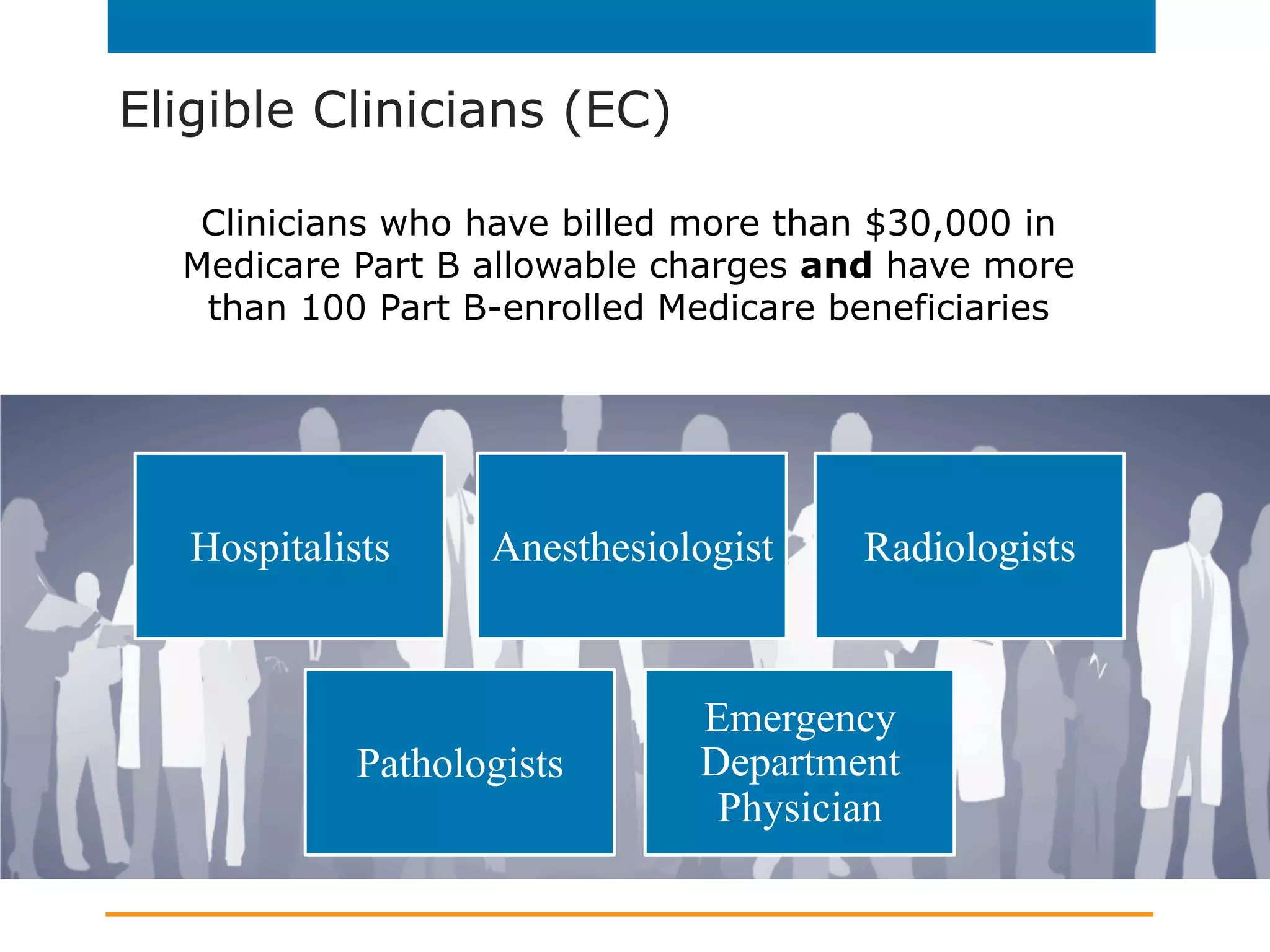 Eligible Clinicians (EC)
Hospitalists Anesthesiologist Radiologists
Pathologists
Emergency
Department
Physician
Clinicians who have billed more than $30,000 in
Medicare Part B allowable charges and have more
than 100 Part B-enrolled Medicare beneficiaries
 