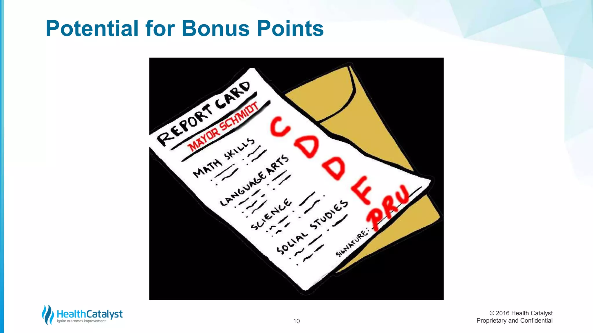 © 2016 Health Catalyst
Proprietary and Confidential
Potential for Bonus Points
10
 