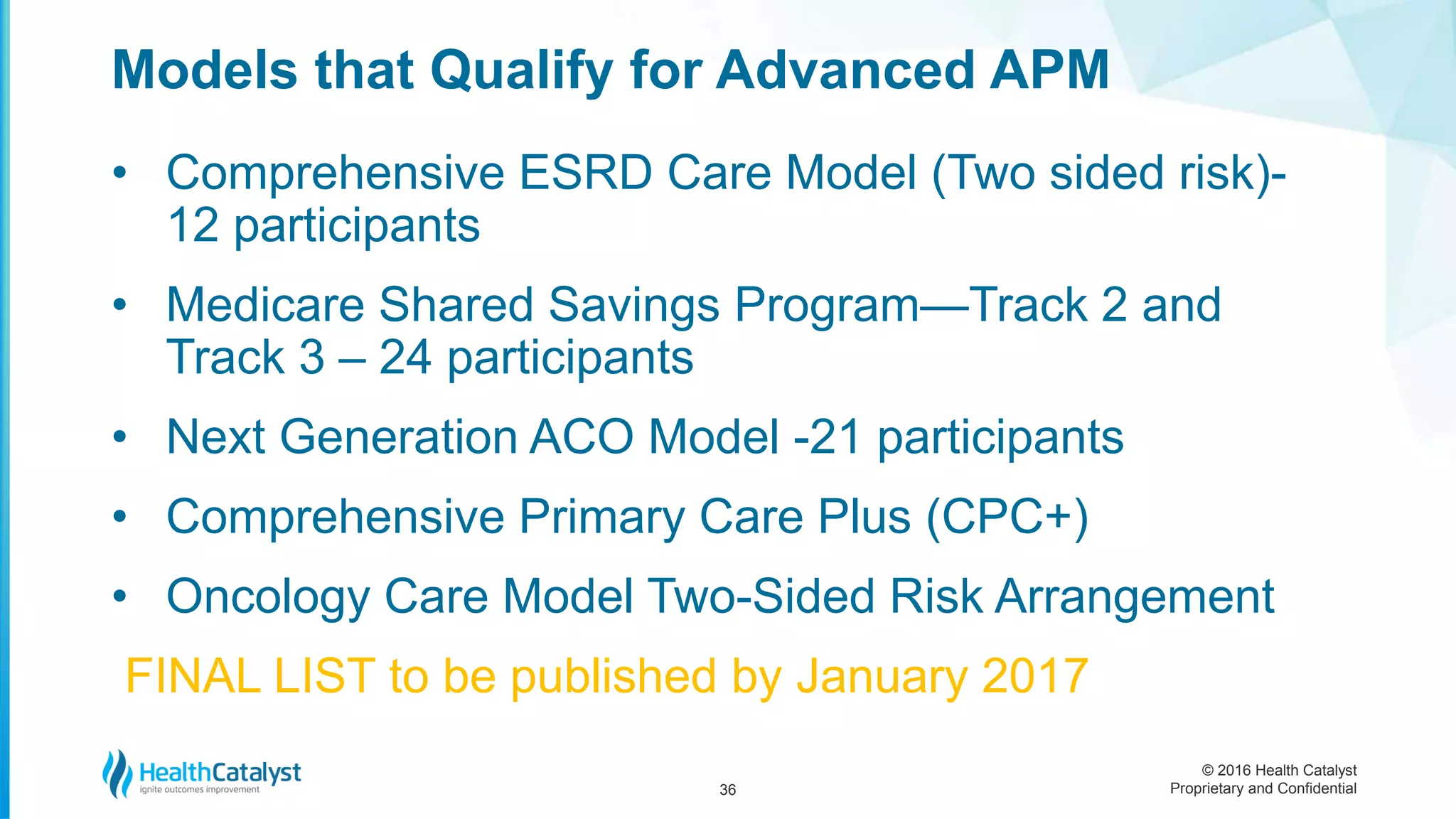 © 2016 Health Catalyst
Proprietary and Confidential
• Comprehensive ESRD Care Model (Two sided risk)-
12 participants
• Medicare Shared Savings Program—Track 2 and
Track 3 – 24 participants
• Next Generation ACO Model -21 participants
• Comprehensive Primary Care Plus (CPC+)
• Oncology Care Model Two-Sided Risk Arrangement
FINAL LIST to be published by January 2017
Models that Qualify for Advanced APM
36
 