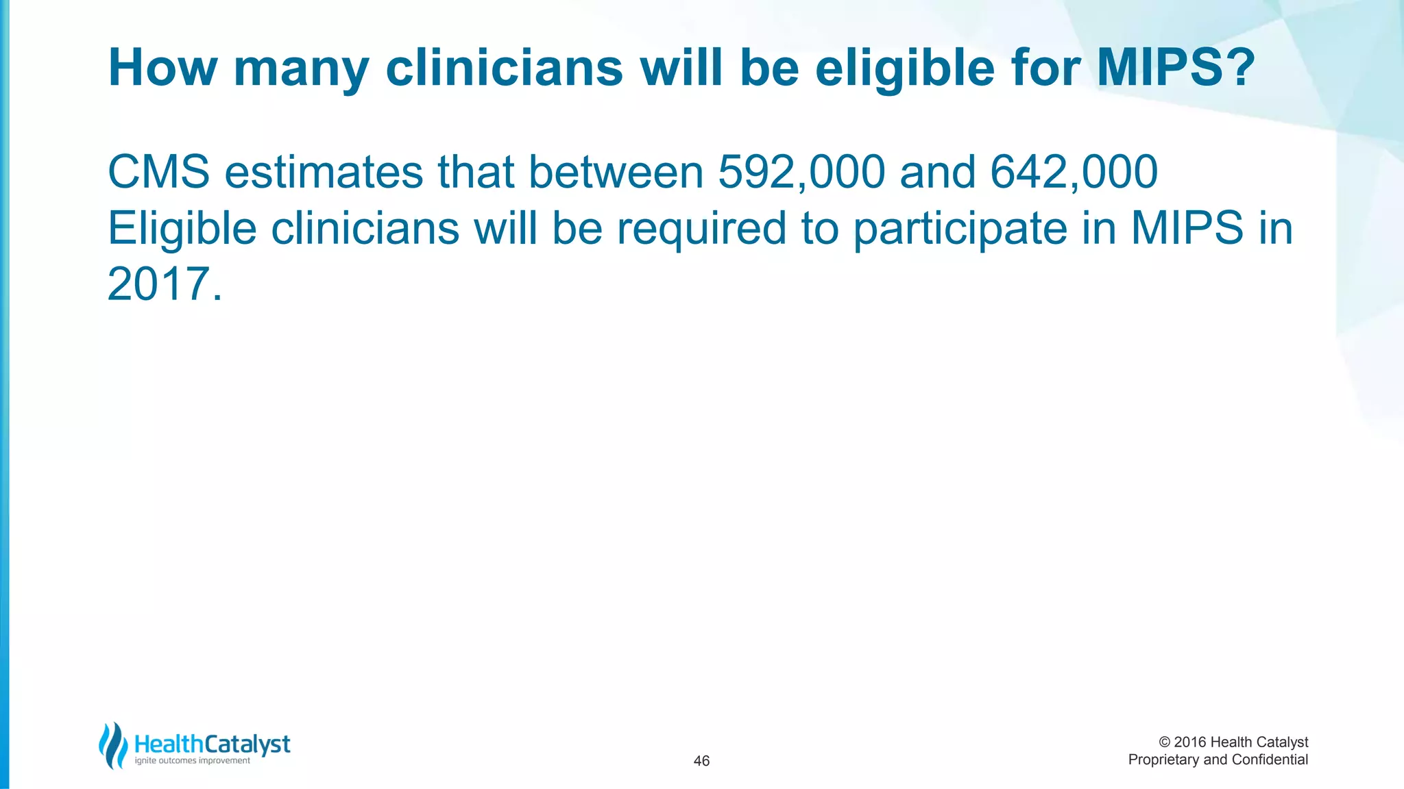 © 2016 Health Catalyst
Proprietary and Confidential
CMS estimates that between 592,000 and 642,000
Eligible clinicians will be required to participate in MIPS in
2017.
How many clinicians will be eligible for MIPS?
46
 