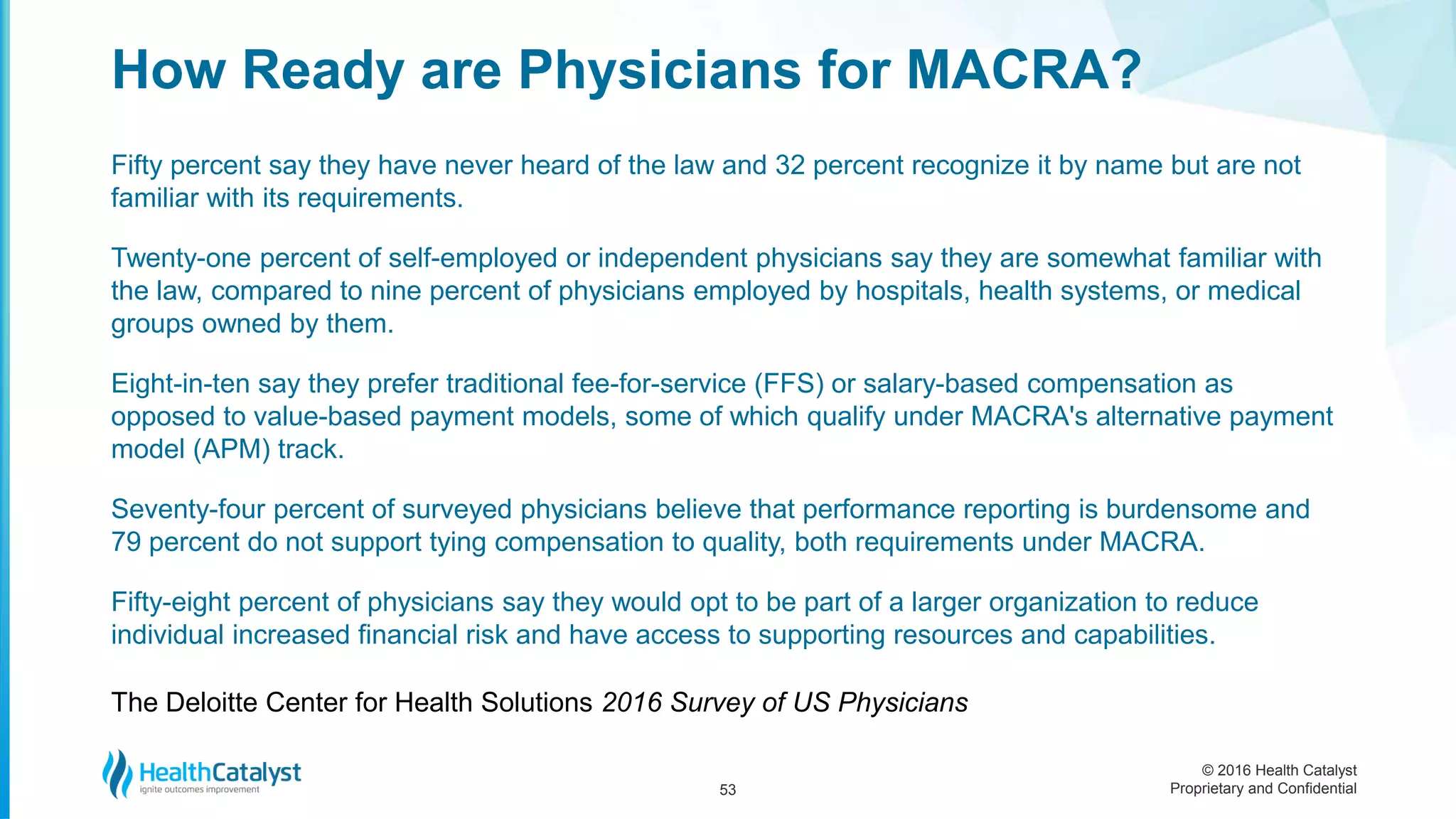 © 2016 Health Catalyst
Proprietary and Confidential
Fifty percent say they have never heard of the law and 32 percent recognize it by name but are not
familiar with its requirements.
Twenty-one percent of self-employed or independent physicians say they are somewhat familiar with
the law, compared to nine percent of physicians employed by hospitals, health systems, or medical
groups owned by them.
Eight-in-ten say they prefer traditional fee-for-service (FFS) or salary-based compensation as
opposed to value-based payment models, some of which qualify under MACRA's alternative payment
model (APM) track.
Seventy-four percent of surveyed physicians believe that performance reporting is burdensome and
79 percent do not support tying compensation to quality, both requirements under MACRA.
Fifty-eight percent of physicians say they would opt to be part of a larger organization to reduce
individual increased financial risk and have access to supporting resources and capabilities.
How Ready are Physicians for MACRA?
53
The Deloitte Center for Health Solutions 2016 Survey of US Physicians
 