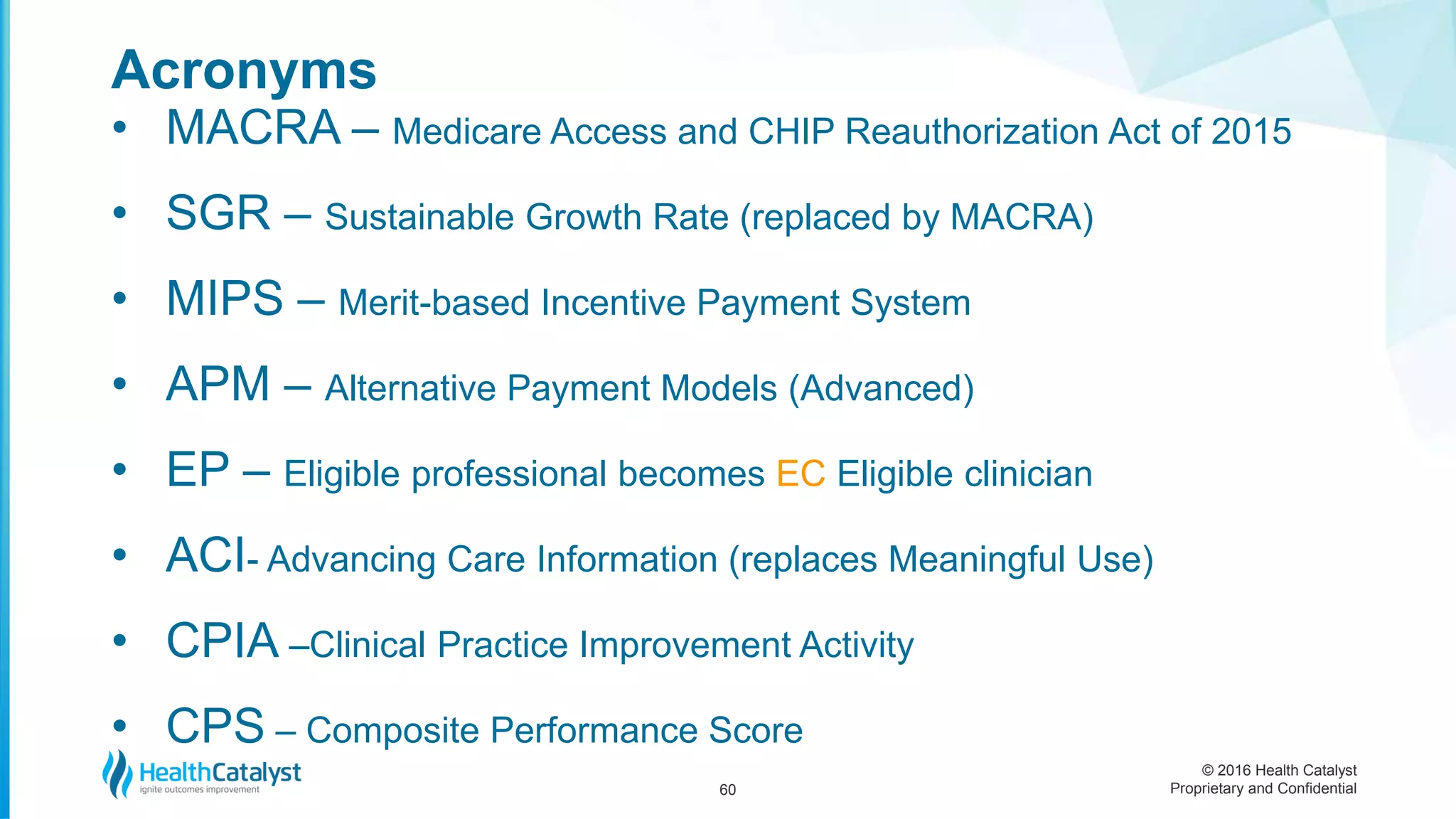 © 2016 Health Catalyst
Proprietary and Confidential
• MACRA – Medicare Access and CHIP Reauthorization Act of 2015
• SGR – Sustainable Growth Rate (replaced by MACRA)
• MIPS – Merit-based Incentive Payment System
• APM – Alternative Payment Models (Advanced)
• EP – Eligible professional becomes EC Eligible clinician
• ACI- Advancing Care Information (replaces Meaningful Use)
• CPIA –Clinical Practice Improvement Activity
• CPS – Composite Performance Score
Acronyms
60
 