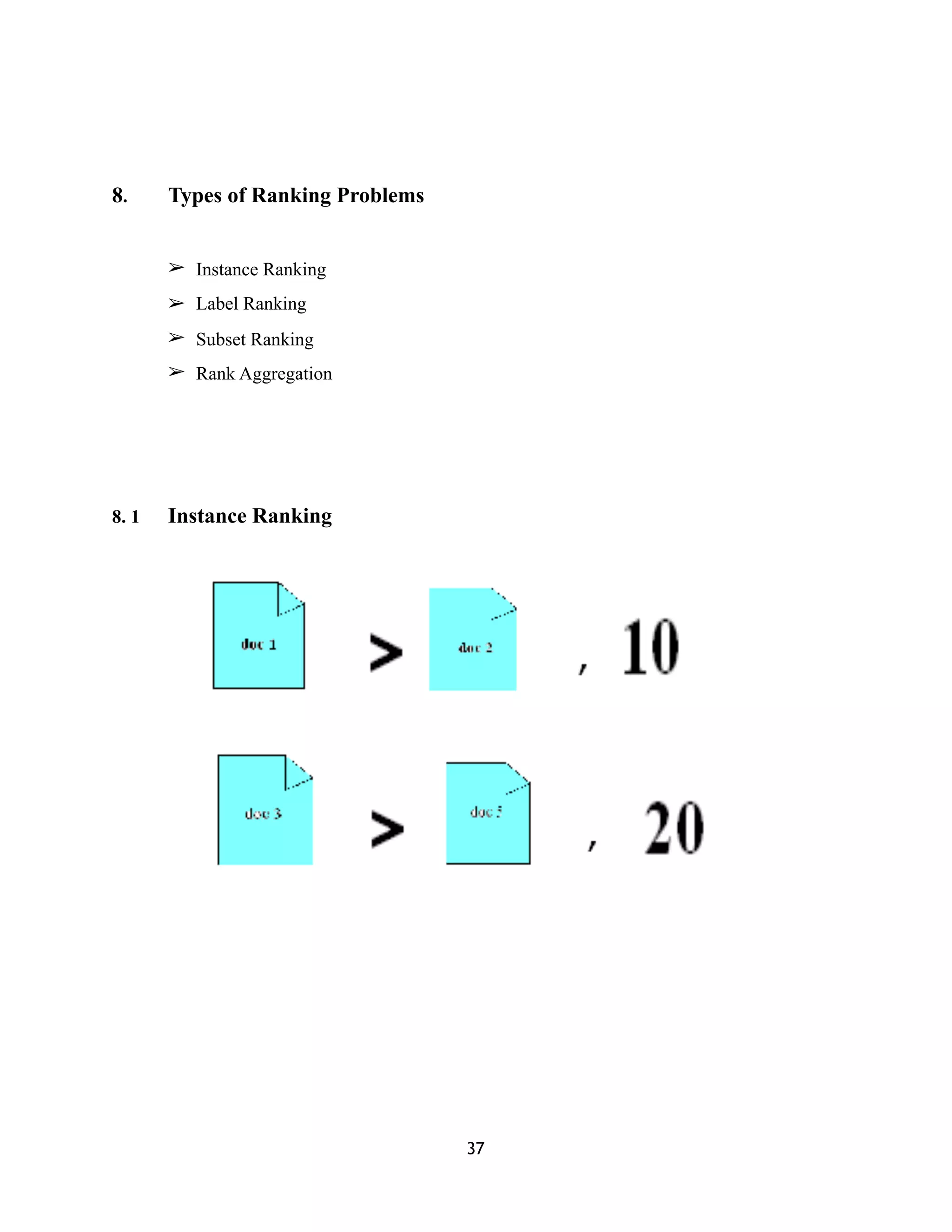 8. Types of Ranking Problems
➢ Instance Ranking
➢ Label Ranking
➢ Subset Ranking
➢ Rank Aggregation
8. 1 Instance Ranking
! ! ! ! !
( ( ( ( (
37
 