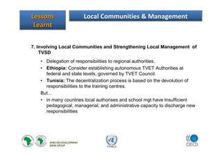 32
UNECA
7. Involving Local Communities and Strengthening Local Management of
TVSD
• Delegation of responsibilities to regional authorities.
• Ethiopia: Consider establishing autonomous TVET Authorities at
federal and state levels, governed by TVET Council.
• Tunisia: The decentralization process is based on the devolution of
responsibilities to the training centres.
But...
• in many countries local authorises and school mgt have Insufficient
pedagogical, managerial, and administrative capacity to discharge new
responsibilities
LessonsLessons
LearntLearnt
Local Communities & Management
 