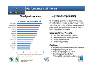 9
UNECA
OilOil
ImportersImporters
Performance and threats
Source: OECD Development Centre / African Development Bank
*: African Economic Outlook forecasts
Oil-importing countries have performed well,
diversifying their sources of growth over recent
years. However, rising inflation, food prices and
lower global demand for non-resource exports
signal rougher waters ahead.
Good performers’ assets:
• Sustained and prolonged growth
• Prudent macroeconomic policies
• Good Diversification
• Decreasing poverty
Challenges:
• Contain fiscal deficits, streamline spending
• High dependency on ODA
• Finance widening trade deficit
• Prioritise poverty reduction
• Vulnerability to climatic and price shocks
Good performance… …yet challenges rising
 