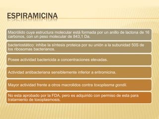 ESPIRAMICINA 
Macrólido cuya estructura molecular está formada por un anillo de lactona de 16 
carbonos, con un peso molecular de 843,1 Da. 
bacteriostático: inhibe la síntesis proteica por su unión a la subunidad 50S de 
los ribosomas bacterianos. 
Posee actividad bactericida a concentraciones elevadas. 
Actividad antibacteriana sensiblemente inferior a eritromicina. 
Mayor actividad frente a otros macrolidos contra toxoplasma gondii. 
No esta aprobado por la FDA, pero es adquirido con permiso de esta para 
tratamiento de toxoplasmosis. 
 