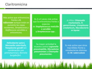 Claritromicina


Más activa que eritromicina
          frente a H.           Es 2 a 4 veces más activa
                                                                  In Vitro: Chlamydia
influenzae aunque están en     que la eritromicina frente a
                                                                    trachomatis, N.
     aumento las cepas                   especies
                                                              gonorrhoeae, Ureaplasma
 resistentes, Streptococos y   de Staphylococcus meticilin
                                                              urealyticum, Mycobacteriu
   Stafilococos sensibles a             o sensible
                                                                       m leprae .
         eritromicina.            y Streptococcus spp. .



   Helicobacter pylori,
                                 Su mayor actividad la
  Moraxella catarrhalis,                                        Es más activo que otros
                               muestra contra Legionella
  Toxoplasma gondii (en                                           macrólidos frente a
                               pneumophila, Mycoplama
     combinación con                                            micobacterias distintas
                               pneumoniae y Chlamydia
 pirimetamina) y Borrelia                                         de M. tuberculosis
                                    pneumoniae.
       burgdorferi.
 