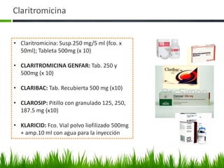 Claritromicina


• Claritromicina: Susp.250 mg/5 ml (fco. x
  50ml); Tableta 500mg (x 10)

• CLARITROMICINA GENFAR: Tab. 250 y
  500mg (x 10)

• CLARIBAC: Tab. Recubierta 500 mg (x10)

• CLAROSIP: Pitillo con granulado 125, 250,
  187.5 mg (x10)

• KLARICID: Fco. Vial polvo liofilizado 500mg
  + amp.10 ml con agua para la inyección
 