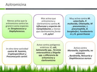 Azitromicina


                                 Mas activa que          Muy activa contra M.
 Menos activa que la              eritromicina y             catarrhalis, P.
eritromicina contra los     claritromicina contra H.   multocida, Chlamydia, M
gram(+) como especies      influenzae y especies de        . pneumoniae, L.
  de Streptococcus y       Campilobacter, y menos          pneumophila, B.
    Staphylococcus.        que claritromicina frente   burgdorferi, Fusobacteriu
                                    a H. pylori          m y N. gonorrhoeae



                            Actvo contra patógenos
                               entéricos: E. coli,           Activo contra
In vitro tiene actividad
                           Salmonella spp., Yersinia   Moraxella, Legionella, ne
  contra M. hominis,
                           enterocolitica y Shigella           umococo
  Cryptosporidium y
                             spp. a diferencia de      , Bordetella, Neisseria y
 Pneumocystis carinii.
                                 eritomicina y          Staphilococcus aureus
                                claritromicina
 