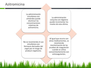 Azitromicina

               La administración
                 simultánea con
                                       La administración
               antiácidos puede
                                     conjunta con digoxina
                   disminuir las
                                     puede incrementar los
                concentraciones
                                     niveles de esta última.
                   máximas de
                  azitromicina.




                                      Al igual que ocurre con
                                     otros medicamentos, se
           No se recomienda el uso
                                            recomienda
               simultáneo con
                                       monitorización de las
           fármacos derivados del
                                     pruebas de coagulación
            ergot por el riesgo de
                                          cuando se utiliza
             producir ergotismo.
                                     concomitantemente con
                                          anticoagulantes.
 