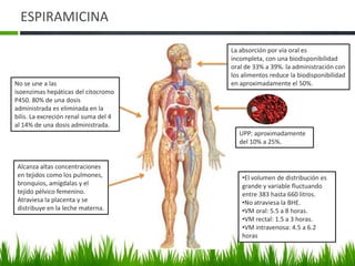 ESPIRAMICINA

                                       La absorción por vía oral es
                                       incompleta, con una biodisponibilidad
                                       oral de 33% a 39%. la administración con
                                       los alimentos reduce la biodisponibilidad
No se une a las                        en aproximadamente el 50%.
isoenzimas hepáticas del citocromo
P450. 80% de una dosis
administrada es eliminada en la
bilis. La excreción renal suma del 4
al 14% de una dosis administrada.
                                         UPP: aproximadamente
                                         del 10% a 25%.


 Alcanza altas concentraciones
 en tejidos como los pulmones,            •El volumen de distribución es
 bronquios, amígdalas y el                grande y variable fluctuando
 tejido pélvico femenino.                 entre 383 hasta 660 litros.
 Atraviesa la placenta y se               •No atraviesa la BHE.
 distribuye en la leche materna.          •VM oral: 5.5 a 8 horas.
                                          •VM rectal: 1.5 a 3 horas.
                                          •VM intravenosa: 4.5 a 6.2
                                          horas
 