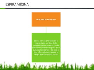 ESPIRAMICINA


                   INDICACION PRINCIPAL




                 Se usa para la profilaxis de la
                   transmisión vertical de la
                toxoplasmosis cuando la madre
               adquiere la infección aguda en el
                curso del embarazo. No cura al
                 feto infectado pero reduce el
                 riesgo de transmisión a 50%.
 