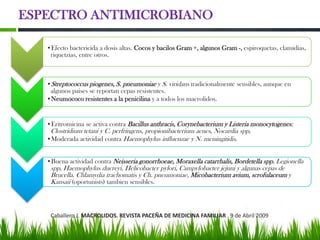 ESPECTRO ANTIMICROBIANO

   •Efecto bactericida a dosis altas. Cocos y bacilos Gram +, algunos Gram -, espiroquetas, clamidias,
    riquetzias, entre otros.



   •Streptococcus piogenes, S. pneumoniae y S. viridans tradicionalmente sensibles, aunque en
    algunos paises se reportan cepas resistentes.
   •Neumococo resistentes a la penicilina y a todos los macrolidos.


   •Eritromicina se activa contra Bacillus anthracis, Corynebacterium y Listeria monocytogenes;
    Clostridium tetani y C. perfringens, propionibacterium acnes, Nocardia spp,
   •Moderada actividad contra Haemophylus influenzae y N. meningitidis.


   •Buena actividad contra Neisseria gonorrhoeae, Moraxella catarrhalis, Bordetella spp, Legionella
    spp, Haemophylus ducreyi, Helicobacter pylori, Campylobacter jejuni y algunas cepas de
    Brucella. Chlamydia trachomatis y Ch. pneumoniae, Micobacterium avium, scrofulaceum y
    Kansaii (oportunists) tambien sensibles.



    Caballero J. MACROLIDOS. REVISTA PACEÑA DE MEDICINA FAMILIAR . 9 de Abril 2009
 