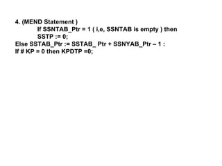 4. (MEND Statement ) If SSNTAB_Ptr = 1 ( i,e, SSNTAB is empty ) then SSTP := 0; Else SSTAB_Ptr := SSTAB_ Ptr + SSNYAB_Ptr – 1 : If # KP = 0 then KPDTP =0; 