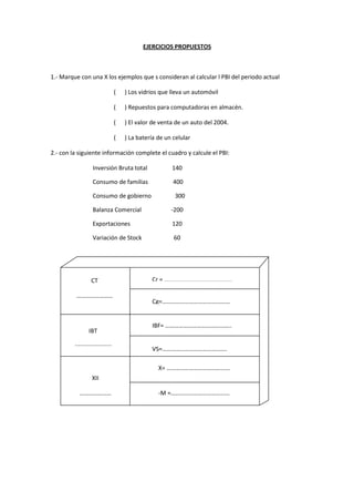 EJERCICIOS PROPUESTOS



1.- Marque con una X los ejemplos que s consideran al calcular l PBI del periodo actual

                                 (   ) Los vidrios que lleva un automóvil

                                 (   ) Repuestos para computadoras en almacén.

                                 (   ) El valor de venta de un auto del 2004.

                                 (   ) La batería de un celular

2.- con la siguiente información complete el cuadro y calcule el PBI:

                   Inversión Bruta total               140

                   Consumo de familias                  400

                   Consumo de gobierno                  300

                   Balanza Comercial                   -200

                   Exportaciones                       120

                   Variación de Stock                   60




                  CT                           Cr = ………………………………………

          ……………………
                                               Cg=………………………………………
             ……

            ………………
                                               IBF= ……………………………………..
                 IBT

         :::::::::::::::::::::                 VS=…………………………………….

                                                  X= ……………………………………
                  XII

           …………………                                -M =…………………………………
              .
 