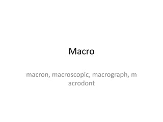 Macro
macron, macroscopic, macrograph, m
acrodont
 