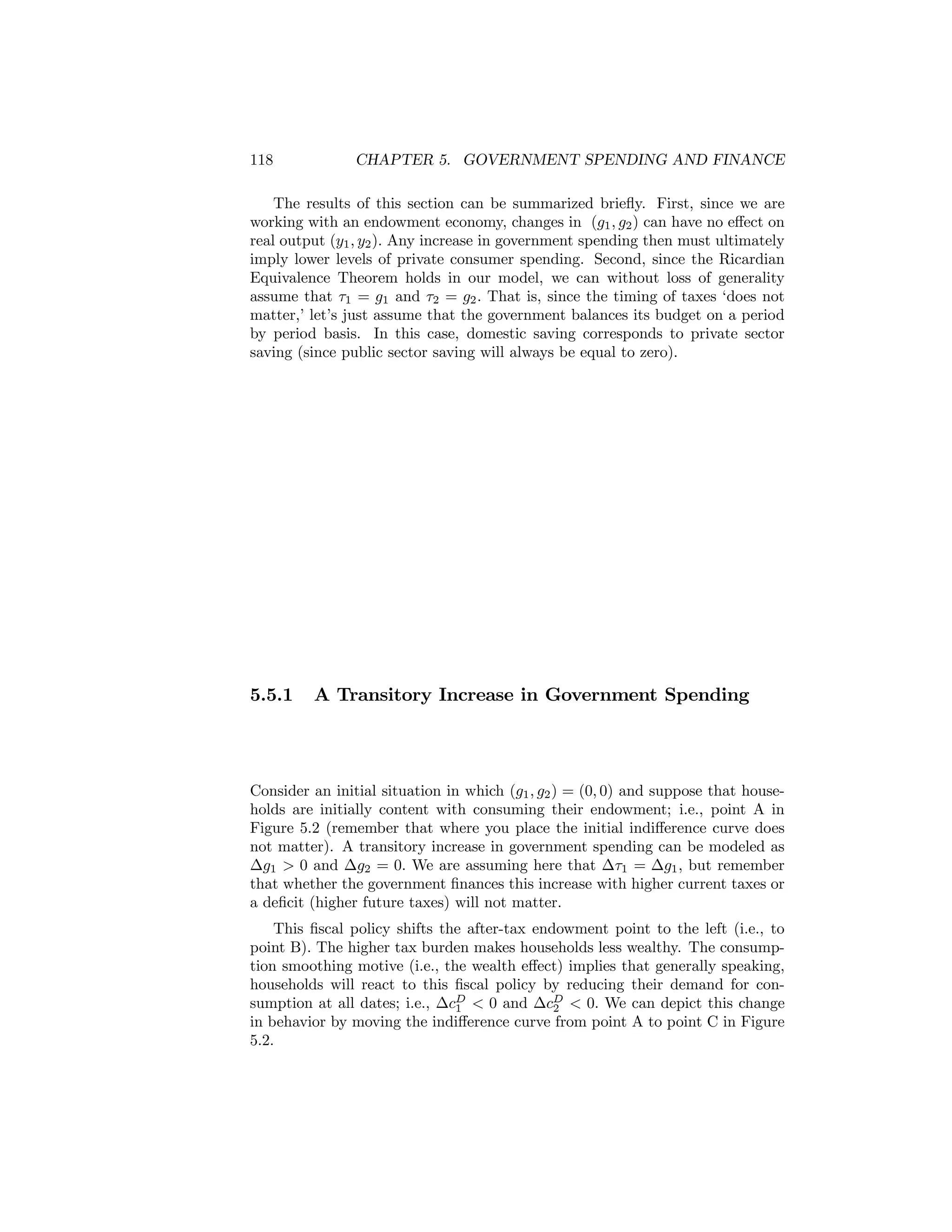 118

CHAPTER 5. GOVERNMENT SPENDING AND FINANCE

The results of this section can be summarized brieﬂy. First, since we are
working with an endowment economy, changes in (g1 , g2 ) can have no eﬀect on
real output (y1 , y2 ). Any increase in government spending then must ultimately
imply lower levels of private consumer spending. Second, since the Ricardian
Equivalence Theorem holds in our model, we can without loss of generality
assume that τ1 = g1 and τ2 = g2 . That is, since the timing of taxes ‘does not
matter,’ let’s just assume that the government balances its budget on a period
by period basis. In this case, domestic saving corresponds to private sector
saving (since public sector saving will always be equal to zero).

5.5.1

A Transitory Increase in Government Spending

Consider an initial situation in which (g1 , g2 ) = (0, 0) and suppose that households are initially content with consuming their endowment; i.e., point A in
Figure 5.2 (remember that where you place the initial indiﬀerence curve does
not matter). A transitory increase in government spending can be modeled as
∆g1 > 0 and ∆g2 = 0. We are assuming here that ∆τ1 = ∆g1 , but remember
that whether the government ﬁnances this increase with higher current taxes or
a deﬁcit (higher future taxes) will not matter.
This ﬁscal policy shifts the after-tax endowment point to the left (i.e., to
point B). The higher tax burden makes households less wealthy. The consumption smoothing motive (i.e., the wealth eﬀect) implies that generally speaking,
households will react to this ﬁscal policy by reducing their demand for consumption at all dates; i.e., ∆cD < 0 and ∆cD < 0. We can depict this change
1
2
in behavior by moving the indiﬀerence curve from point A to point C in Figure
5.2.

 
