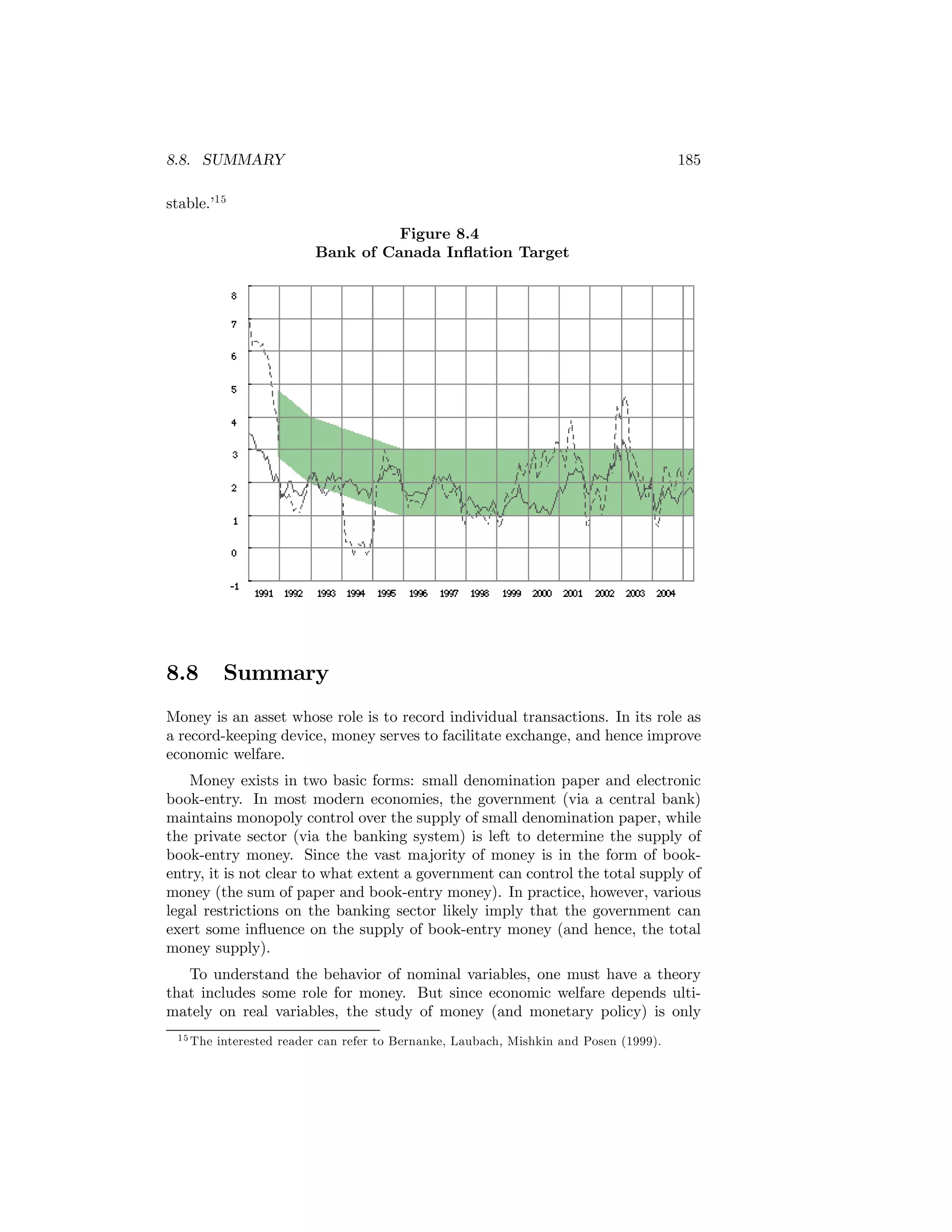 8.8. SUMMARY

185

stable.’15
Figure 8.4
Bank of Canada Inﬂation Target

8.8

Summary

Money is an asset whose role is to record individual transactions. In its role as
a record-keeping device, money serves to facilitate exchange, and hence improve
economic welfare.
Money exists in two basic forms: small denomination paper and electronic
book-entry. In most modern economies, the government (via a central bank)
maintains monopoly control over the supply of small denomination paper, while
the private sector (via the banking system) is left to determine the supply of
book-entry money. Since the vast majority of money is in the form of bookentry, it is not clear to what extent a government can control the total supply of
money (the sum of paper and book-entry money). In practice, however, various
legal restrictions on the banking sector likely imply that the government can
exert some inﬂuence on the supply of book-entry money (and hence, the total
money supply).
To understand the behavior of nominal variables, one must have a theory
that includes some role for money. But since economic welfare depends ultimately on real variables, the study of money (and monetary policy) is only
1 5 The

interested reader can refer to Bernanke, Laubach, Mishkin and Posen (1999).

 