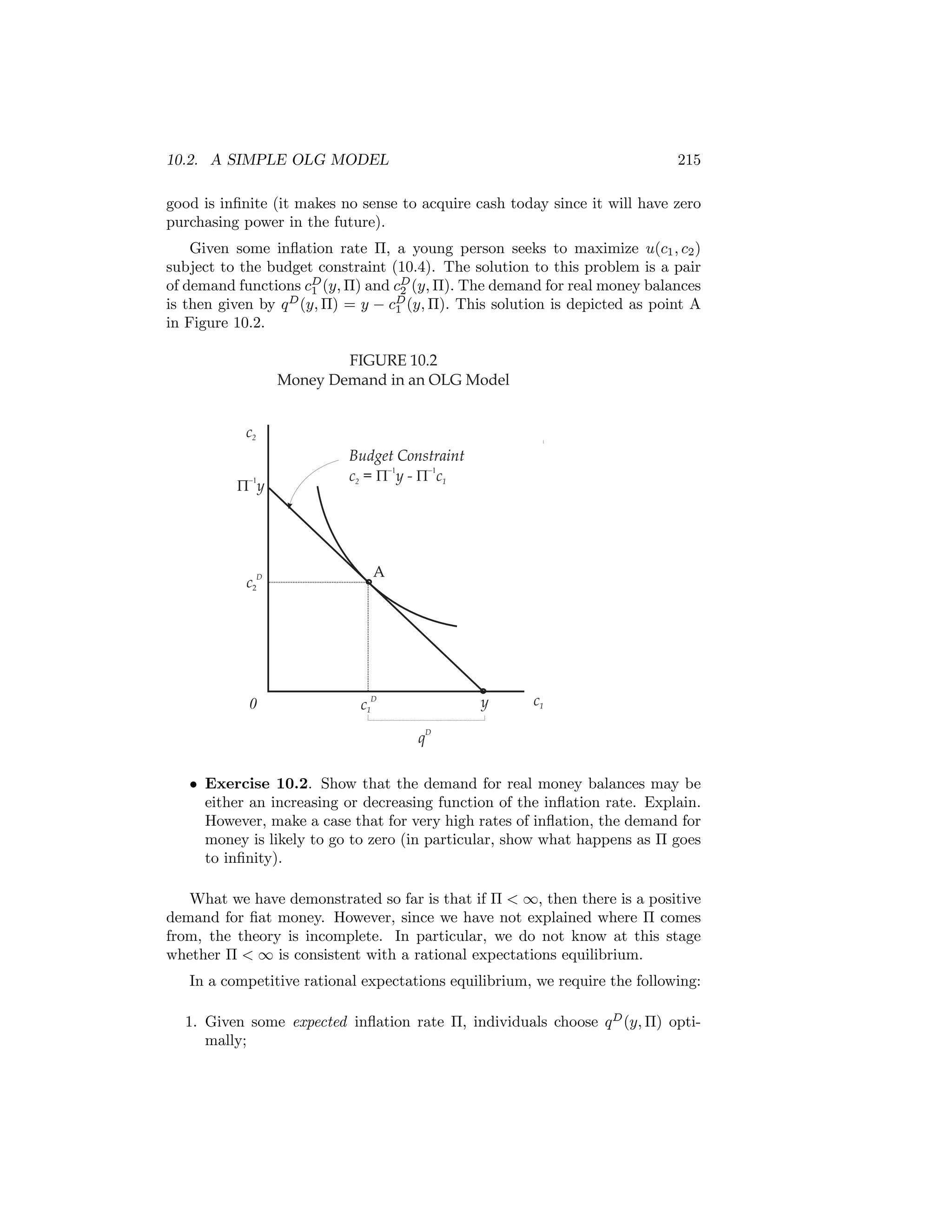 10.2. A SIMPLE OLG MODEL

215

good is inﬁnite (it makes no sense to acquire cash today since it will have zero
purchasing power in the future).
Given some inﬂation rate Π, a young person seeks to maximize u(c1 , c2 )
subject to the budget constraint (10.4). The solution to this problem is a pair
of demand functions cD (y, Π) and cD (y, Π). The demand for real money balances
1
2
is then given by q D (y, Π) = y − cD (y, Π). This solution is depicted as point A
1
in Figure 10.2.

FIGURE 10.2
Money Demand in an OLG Model
c2
-1

P y

c2D

0

Budget Constraint
-1
-1
c2 = P y - P c1

A

y

c1D

c1

D

q

• Exercise 10.2. Show that the demand for real money balances may be
either an increasing or decreasing function of the inﬂation rate. Explain.
However, make a case that for very high rates of inﬂation, the demand for
money is likely to go to zero (in particular, show what happens as Π goes
to inﬁnity).
What we have demonstrated so far is that if Π < ∞, then there is a positive
demand for ﬁat money. However, since we have not explained where Π comes
from, the theory is incomplete. In particular, we do not know at this stage
whether Π < ∞ is consistent with a rational expectations equilibrium.
In a competitive rational expectations equilibrium, we require the following:
1. Given some expected inﬂation rate Π, individuals choose q D (y, Π) optimally;

 