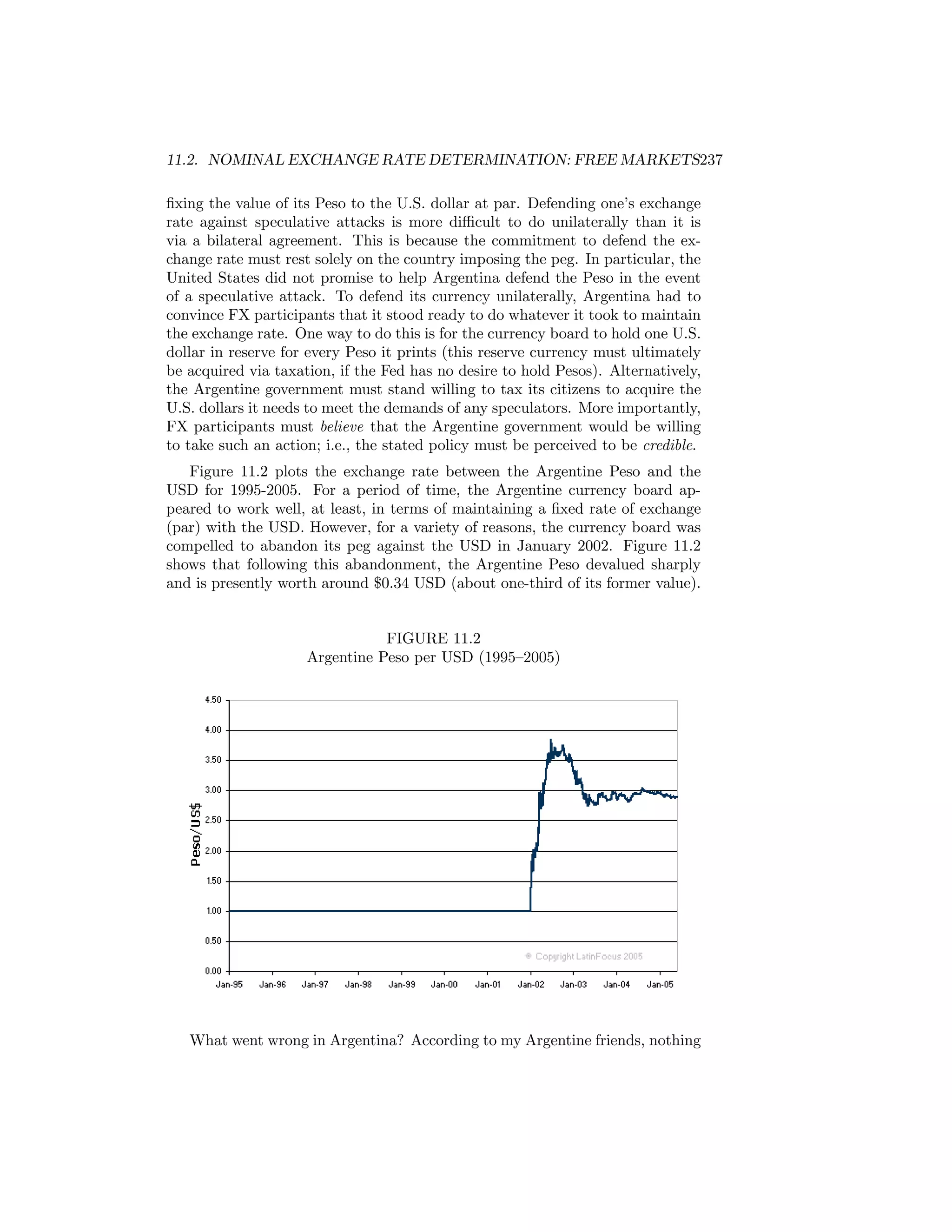 11.2. NOMINAL EXCHANGE RATE DETERMINATION: FREE MARKETS237
ﬁxing the value of its Peso to the U.S. dollar at par. Defending one’s exchange
rate against speculative attacks is more diﬃcult to do unilaterally than it is
via a bilateral agreement. This is because the commitment to defend the exchange rate must rest solely on the country imposing the peg. In particular, the
United States did not promise to help Argentina defend the Peso in the event
of a speculative attack. To defend its currency unilaterally, Argentina had to
convince FX participants that it stood ready to do whatever it took to maintain
the exchange rate. One way to do this is for the currency board to hold one U.S.
dollar in reserve for every Peso it prints (this reserve currency must ultimately
be acquired via taxation, if the Fed has no desire to hold Pesos). Alternatively,
the Argentine government must stand willing to tax its citizens to acquire the
U.S. dollars it needs to meet the demands of any speculators. More importantly,
FX participants must believe that the Argentine government would be willing
to take such an action; i.e., the stated policy must be perceived to be credible.
Figure 11.2 plots the exchange rate between the Argentine Peso and the
USD for 1995-2005. For a period of time, the Argentine currency board appeared to work well, at least, in terms of maintaining a ﬁxed rate of exchange
(par) with the USD. However, for a variety of reasons, the currency board was
compelled to abandon its peg against the USD in January 2002. Figure 11.2
shows that following this abandonment, the Argentine Peso devalued sharply
and is presently worth around $0.34 USD (about one-third of its former value).

FIGURE 11.2
Argentine Peso per USD (1995—2005)

What went wrong in Argentina? According to my Argentine friends, nothing

 