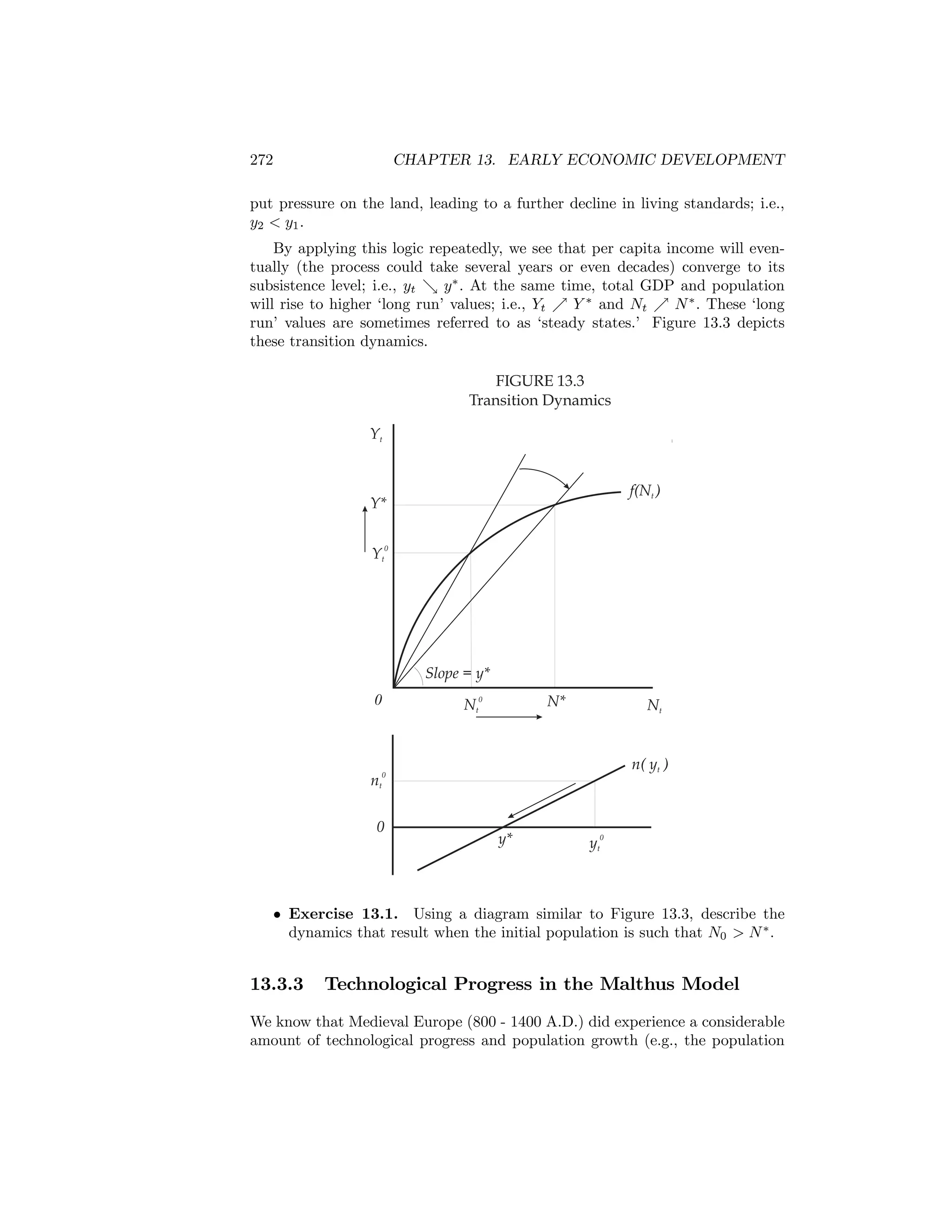272

CHAPTER 13. EARLY ECONOMIC DEVELOPMENT

put pressure on the land, leading to a further decline in living standards; i.e.,
y2 < y1 .
By applying this logic repeatedly, we see that per capita income will eventually (the process could take several years or even decades) converge to its
subsistence level; i.e., yt & y ∗ . At the same time, total GDP and population
will rise to higher ‘long run’ values; i.e., Yt % Y ∗ and Nt % N ∗ . These ‘long
run’ values are sometimes referred to as ‘steady states.’ Figure 13.3 depicts
these transition dynamics.
FIGURE 13.3
Transition Dynamics
Yt

f(Nt )

Y*
Yt0

Slope = y*
0

N*

Nt0

Nt

n( yt )

nt0
0

y*

yt0

• Exercise 13.1. Using a diagram similar to Figure 13.3, describe the
dynamics that result when the initial population is such that N0 > N ∗ .

13.3.3

Technological Progress in the Malthus Model

We know that Medieval Europe (800 - 1400 A.D.) did experience a considerable
amount of technological progress and population growth (e.g., the population

 