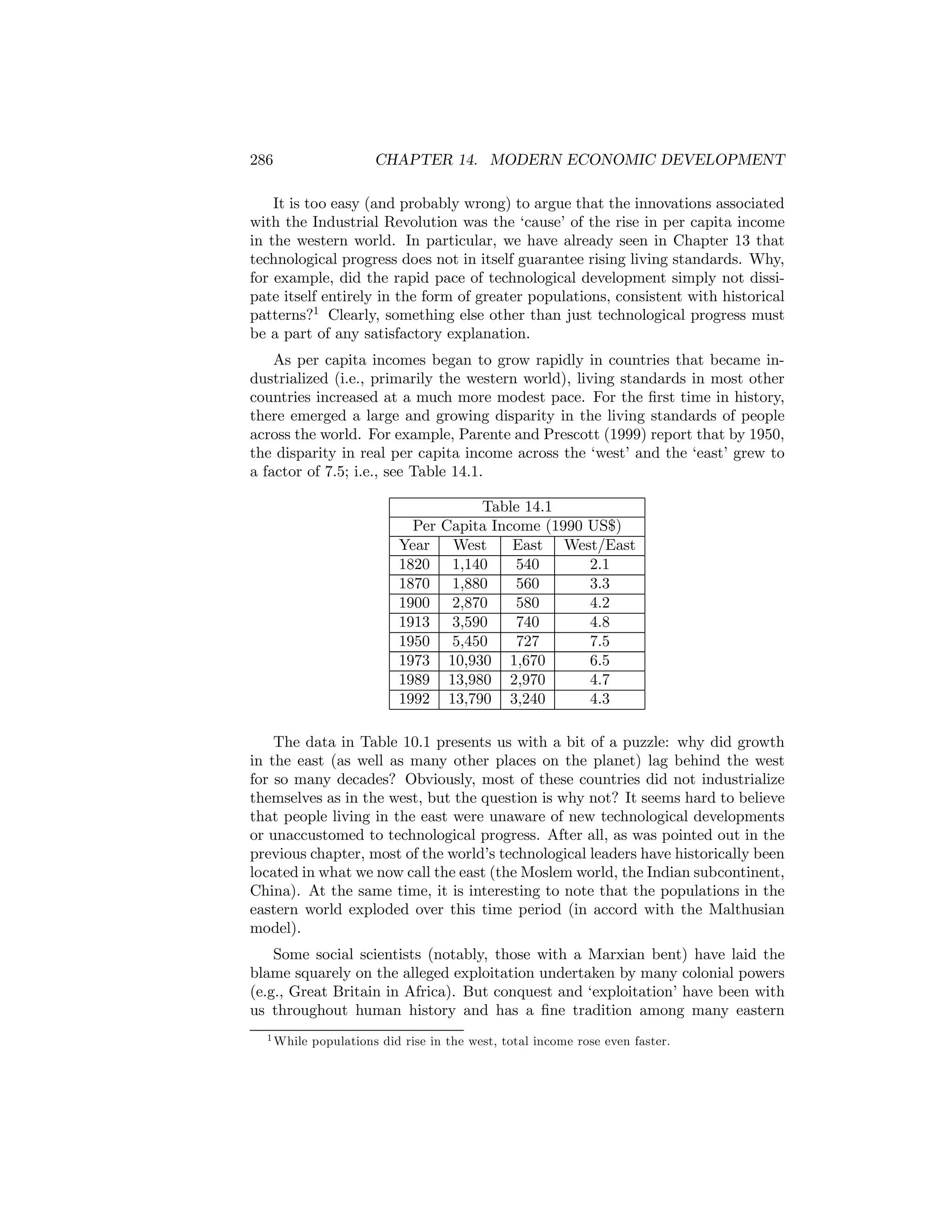 286

CHAPTER 14. MODERN ECONOMIC DEVELOPMENT

It is too easy (and probably wrong) to argue that the innovations associated
with the Industrial Revolution was the ‘cause’ of the rise in per capita income
in the western world. In particular, we have already seen in Chapter 13 that
technological progress does not in itself guarantee rising living standards. Why,
for example, did the rapid pace of technological development simply not dissipate itself entirely in the form of greater populations, consistent with historical
patterns?1 Clearly, something else other than just technological progress must
be a part of any satisfactory explanation.
As per capita incomes began to grow rapidly in countries that became industrialized (i.e., primarily the western world), living standards in most other
countries increased at a much more modest pace. For the ﬁrst time in history,
there emerged a large and growing disparity in the living standards of people
across the world. For example, Parente and Prescott (1999) report that by 1950,
the disparity in real per capita income across the ‘west’ and the ‘east’ grew to
a factor of 7.5; i.e., see Table 14.1.

Per
Year
1820
1870
1900
1913
1950
1973
1989
1992

Table 14.1
Capita Income (1990 US$)
West
East West/East
1,140
540
2.1
1,880
560
3.3
2,870
580
4.2
3,590
740
4.8
5,450
727
7.5
10,930 1,670
6.5
13,980 2,970
4.7
13,790 3,240
4.3

The data in Table 10.1 presents us with a bit of a puzzle: why did growth
in the east (as well as many other places on the planet) lag behind the west
for so many decades? Obviously, most of these countries did not industrialize
themselves as in the west, but the question is why not? It seems hard to believe
that people living in the east were unaware of new technological developments
or unaccustomed to technological progress. After all, as was pointed out in the
previous chapter, most of the world’s technological leaders have historically been
located in what we now call the east (the Moslem world, the Indian subcontinent,
China). At the same time, it is interesting to note that the populations in the
eastern world exploded over this time period (in accord with the Malthusian
model).
Some social scientists (notably, those with a Marxian bent) have laid the
blame squarely on the alleged exploitation undertaken by many colonial powers
(e.g., Great Britain in Africa). But conquest and ‘exploitation’ have been with
us throughout human history and has a ﬁne tradition among many eastern
1 While

populations did rise in the west, total income rose even faster.

 