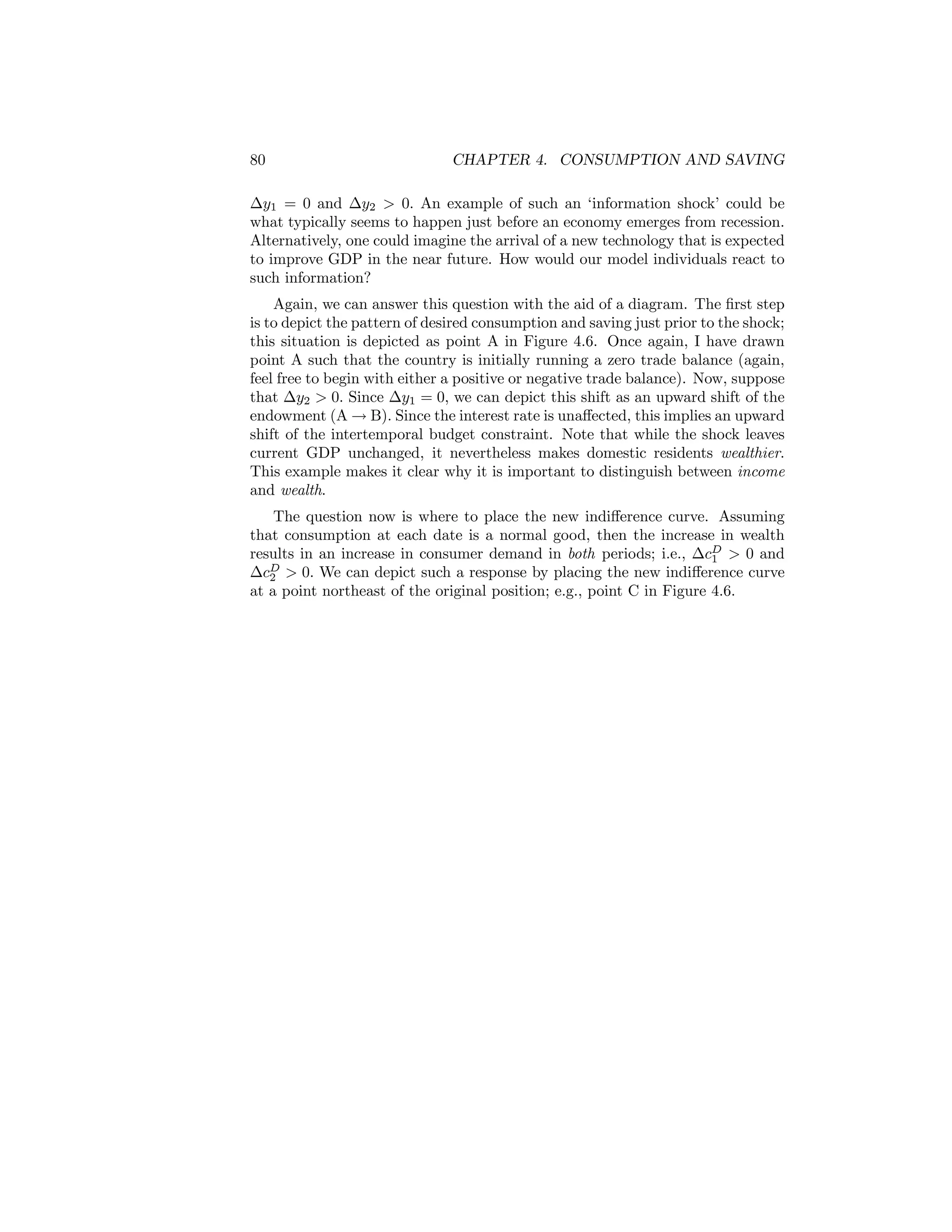 80

CHAPTER 4. CONSUMPTION AND SAVING

∆y1 = 0 and ∆y2 > 0. An example of such an ‘information shock’ could be
what typically seems to happen just before an economy emerges from recession.
Alternatively, one could imagine the arrival of a new technology that is expected
to improve GDP in the near future. How would our model individuals react to
such information?
Again, we can answer this question with the aid of a diagram. The ﬁrst step
is to depict the pattern of desired consumption and saving just prior to the shock;
this situation is depicted as point A in Figure 4.6. Once again, I have drawn
point A such that the country is initially running a zero trade balance (again,
feel free to begin with either a positive or negative trade balance). Now, suppose
that ∆y2 > 0. Since ∆y1 = 0, we can depict this shift as an upward shift of the
endowment (A → B). Since the interest rate is unaﬀected, this implies an upward
shift of the intertemporal budget constraint. Note that while the shock leaves
current GDP unchanged, it nevertheless makes domestic residents wealthier.
This example makes it clear why it is important to distinguish between income
and wealth.
The question now is where to place the new indiﬀerence curve. Assuming
that consumption at each date is a normal good, then the increase in wealth
results in an increase in consumer demand in both periods; i.e., ∆cD > 0 and
1
∆cD > 0. We can depict such a response by placing the new indiﬀerence curve
2
at a point northeast of the original position; e.g., point C in Figure 4.6.

 