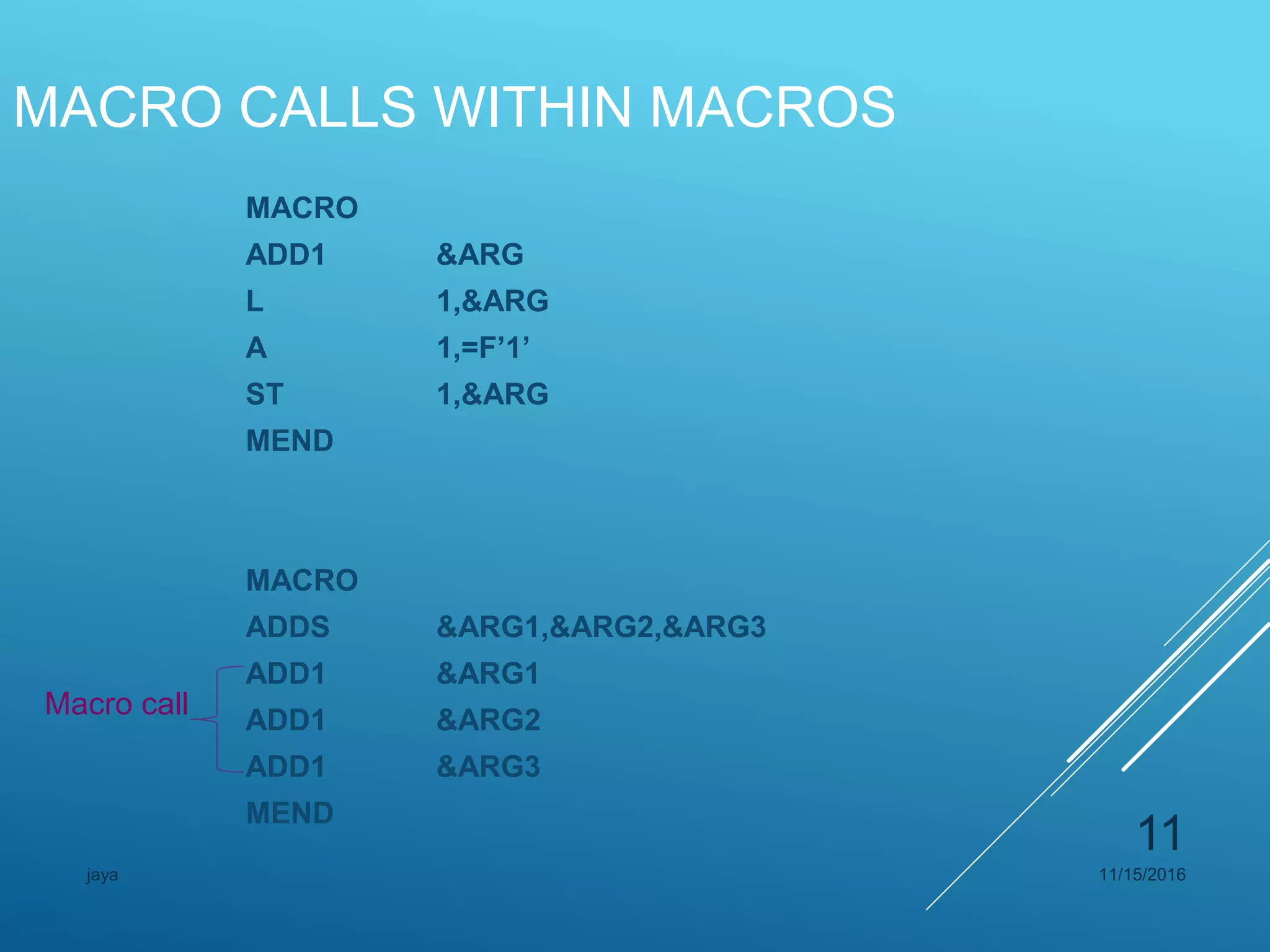 MACRO CALLS WITHIN MACROS
MACRO
ADD1 &ARG
L 1,&ARG
A 1,=F’1’
ST 1,&ARG
MEND
MACRO
ADDS &ARG1,&ARG2,&ARG3
ADD1 &ARG1
ADD1 &ARG2
ADD1 &ARG3
MEND
Macro call
11/15/2016jaya
11
 