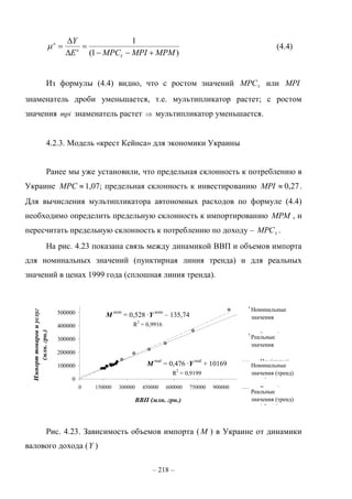 – 218 –
)1(
1
MPMMPIMPCE
Y
Y
a
a




 (4.4)
Из формулы (4.4) видно, что с ростом значений Y
MPC или MPI
знаменатель дроби уменьшается, т.е. мультипликатор растет; с ростом
значения mpi знаменатель растет  мультипликатор уменьшается.
4.2.3. Модель «крест Кейнса» для экономики Украины
Ранее мы уже установили, что предельная склонность к потреблению в
Украине MPC 1,07; предельная склонность к инвестированию 27,0MPI .
Для вычисления мультипликатора автономных расходов по формуле (4.4)
необходимо определить предельную склонность к импортированию MPM , и
пересчитать предельную склонность к потреблению по доходу – Y
MPC .
На рис. 4.23 показана связь между динамикой ВВП и объемов импорта
для номинальных значений (пунктирная линия тренда) и для реальных
значений в ценах 1999 года (сплошная линия тренда).
M
nom
= 0,528 ∙Y
nom
– 135,74
R
2
= 0,9916
M
real
= 0,476 ∙Y
real
+ 10169
R
2
= 0,9199
0
100000
200000
300000
400000
500000
0 150000 300000 450000 600000 750000 900000
ВВП (млн. грн.)
Импорттоваровиуслуг
(млн.грн.)
Номінальні
значення
Реальні
значення
Номінальні
значення
(тренд)
Реальні
значення
(тренд)
Номинальные
значения
Реальные
значения
Номинальные
значения (тренд)
Реальные
значения (тренд)
Рис. 4.23. Зависимость объемов импорта (M ) в Украине от динамики
валового дохода (Y )
 