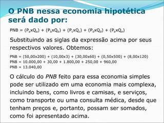 O PNB nessa economia hipotética
será dado por:
PNB = (PaxQa) + (PbxQb) + (PcxQc) + (PdxQd) + (PexQe)
Substituindo as siglas da expressão acima por seus
respectivos valores. Obtemos:
PNB = (50,00x200) + (10,00x3) + (30,00x60) + (0,50x500) + (8,00x120)
PNB = 10.000,00 + 30,00 + 1.800,00 + 250,00 + 960,00
PNB = 13.040,00
O cálculo do PNB feito para essa economia simples
pode ser utilizado em uma economia mais complexa,
incluindo bens, como livros e camisas, e serviços,
como transporte ou uma consulta médica, desde que
tenham preços e, portanto, possam ser somados,
como foi apresentado acima.
 