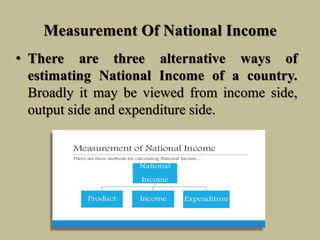 Measurement Of National Income
• There are three alternative ways of
estimating National Income of a country.
Broadly it may be viewed from income side,
output side and expenditure side.
 